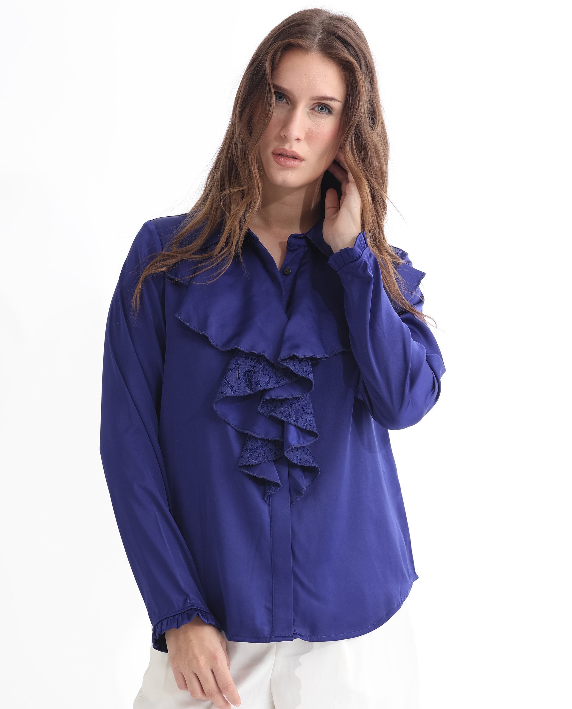 Rareism Women's Uitson Dark Blue Polyester Sweetheart Neck Plain Raglan Sleeve Relaxed Fit Top