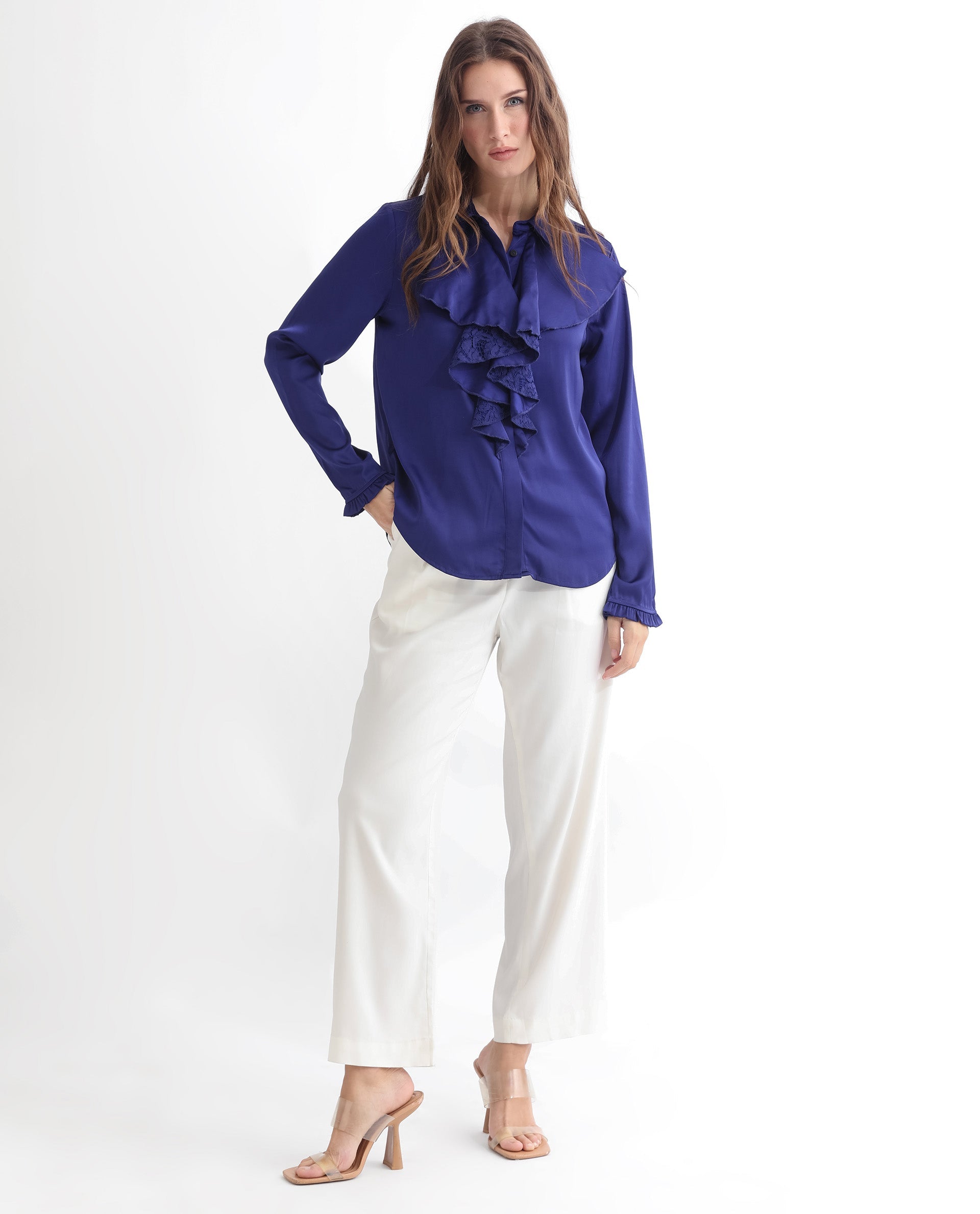 Rareism Women's Uitson Dark Blue Polyester Sweetheart Neck Plain Raglan Sleeve Relaxed Fit Top