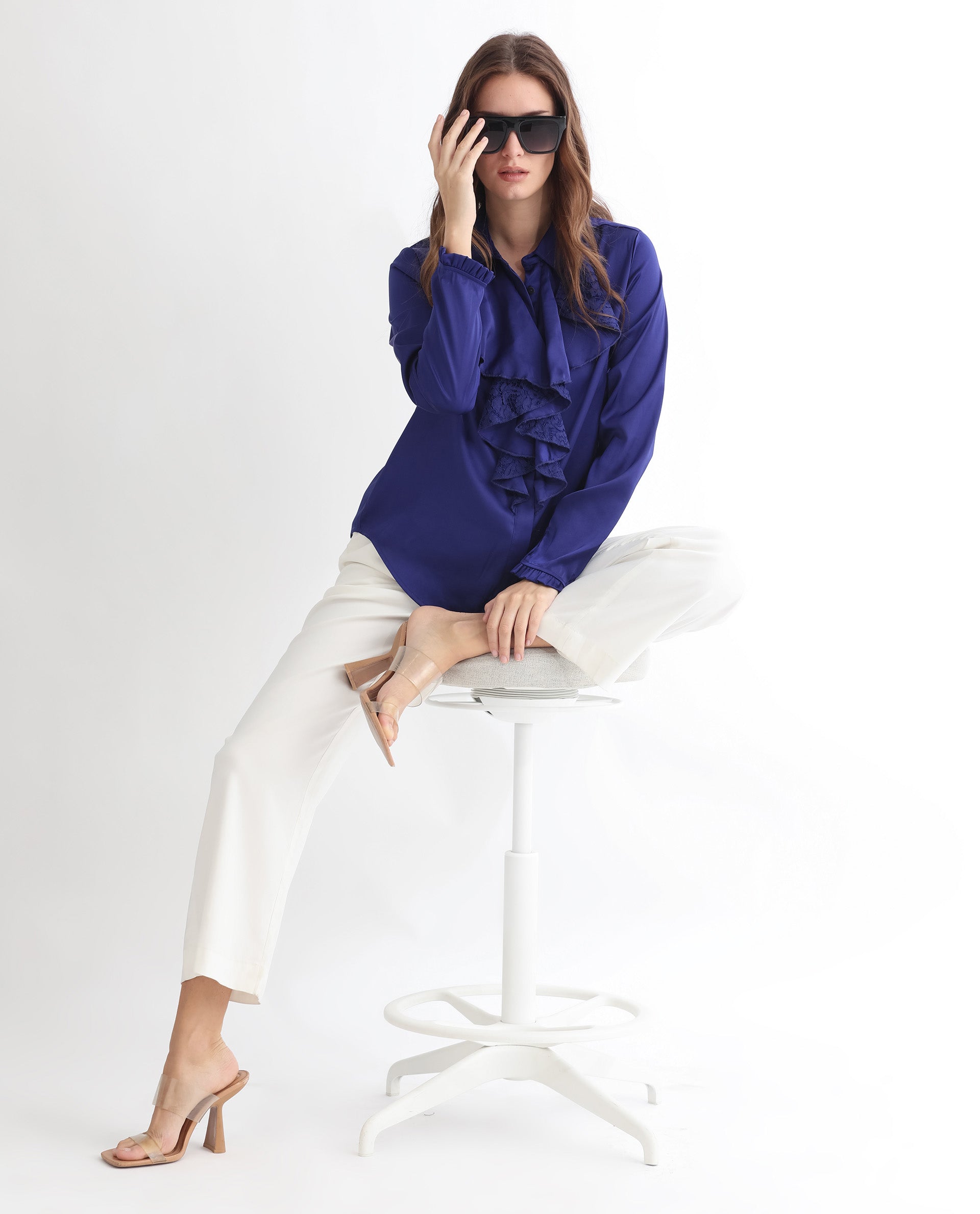 Rareism Women's Uitson Dark Blue Polyester Sweetheart Neck Plain Raglan Sleeve Relaxed Fit Top