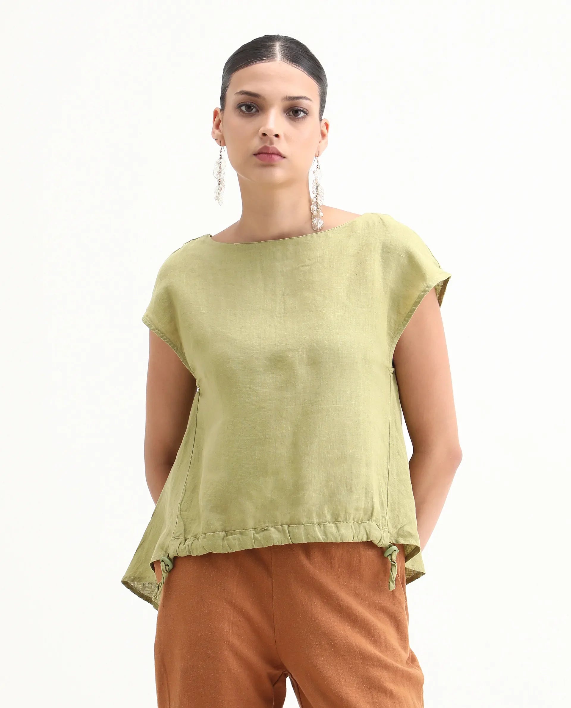 Rareism Women's Vita Green Linen Boat Neck Plain Extended Sleeves Regular Fit Top