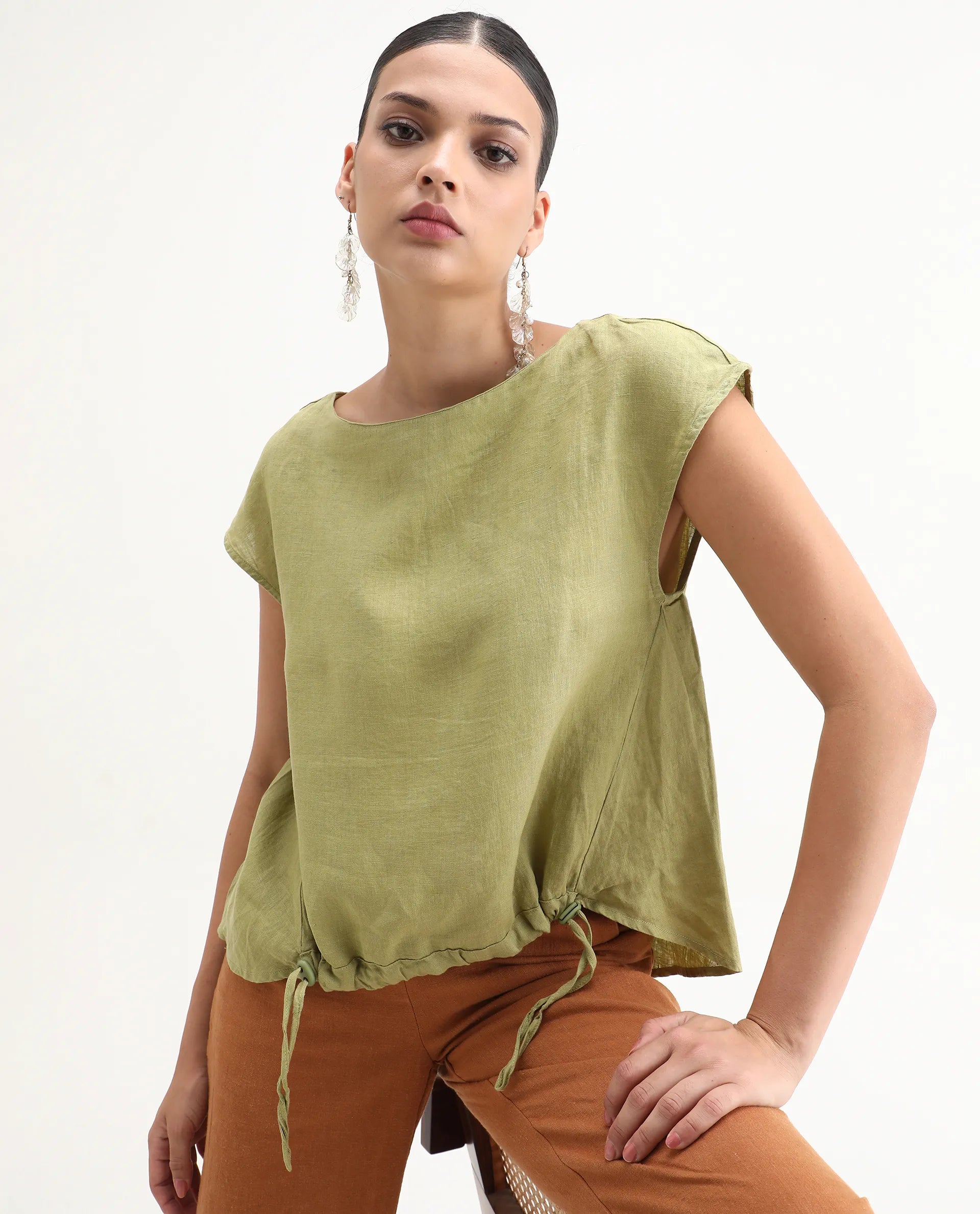 Rareism Women's Vita Green Linen Boat Neck Plain Extended Sleeves Regular Fit Top