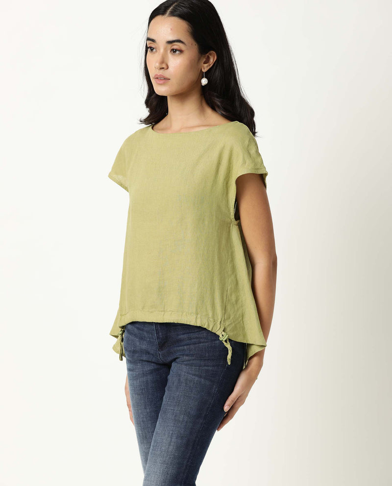 Rareism Women Vita Light Green Cotton Linen Fabric Regular Fit Boat Neck Half Sleeves Solid Top