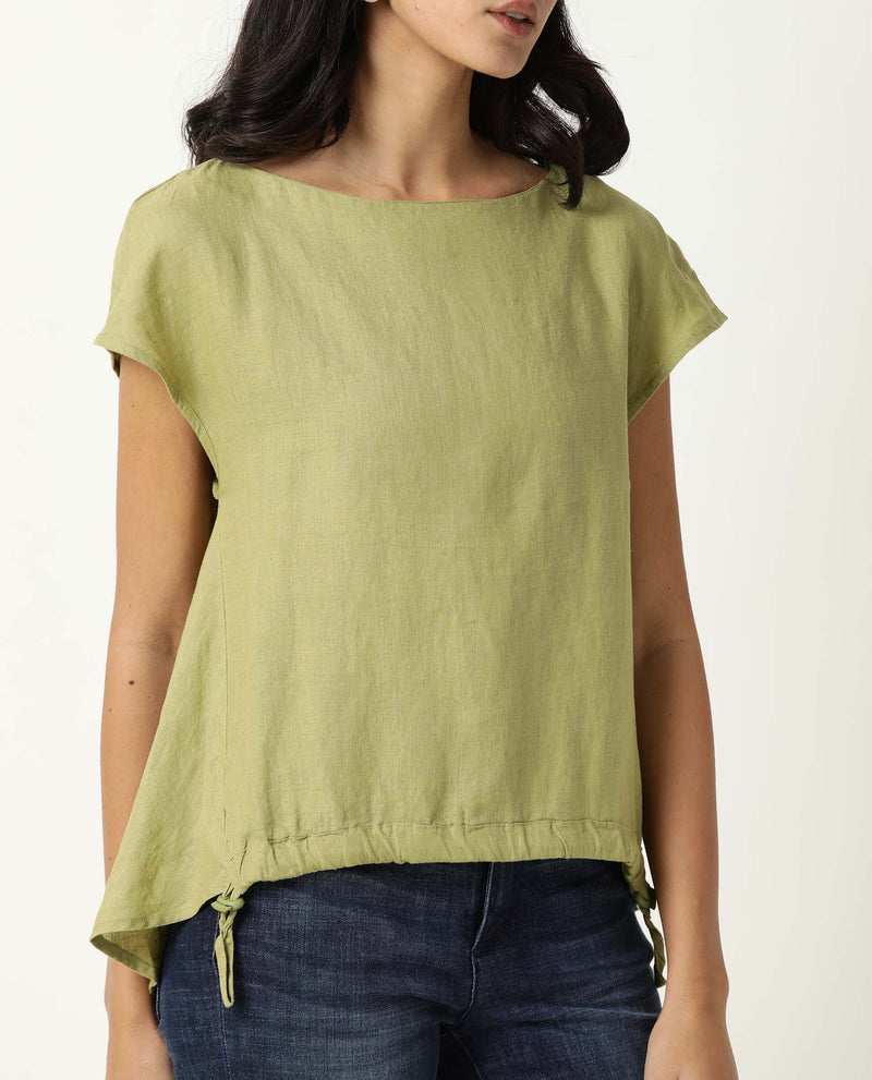 Rareism Women Vita Light Green Cotton Linen Fabric Regular Fit Boat Neck Half Sleeves Solid Top