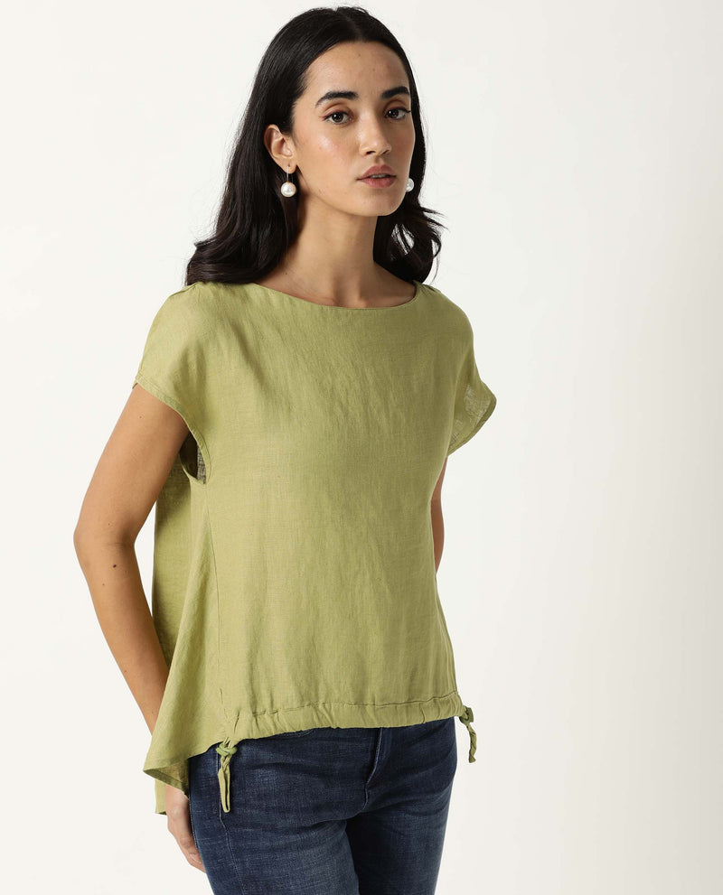 Rareism Women Vita Light Green Cotton Linen Fabric Regular Fit Boat Neck Half Sleeves Solid Top