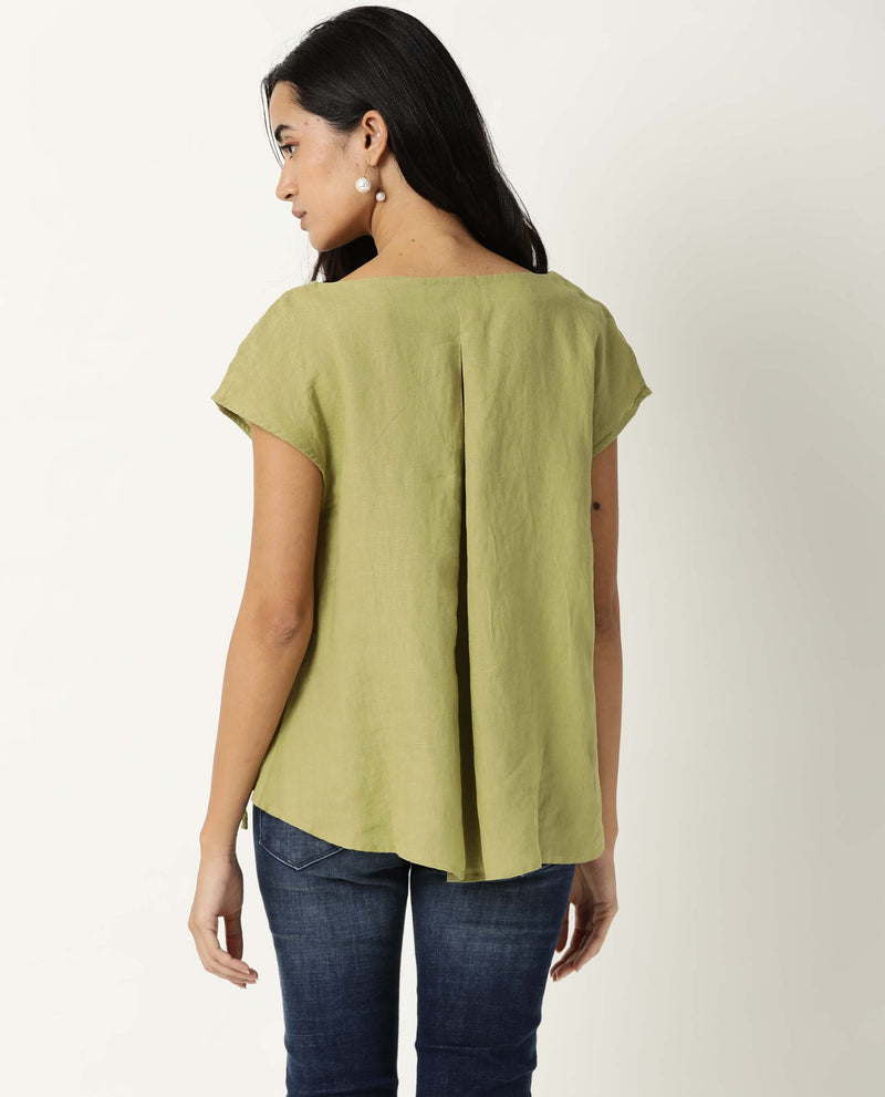 Rareism Women Vita Light Green Cotton Linen Fabric Regular Fit Boat Neck Half Sleeves Solid Top