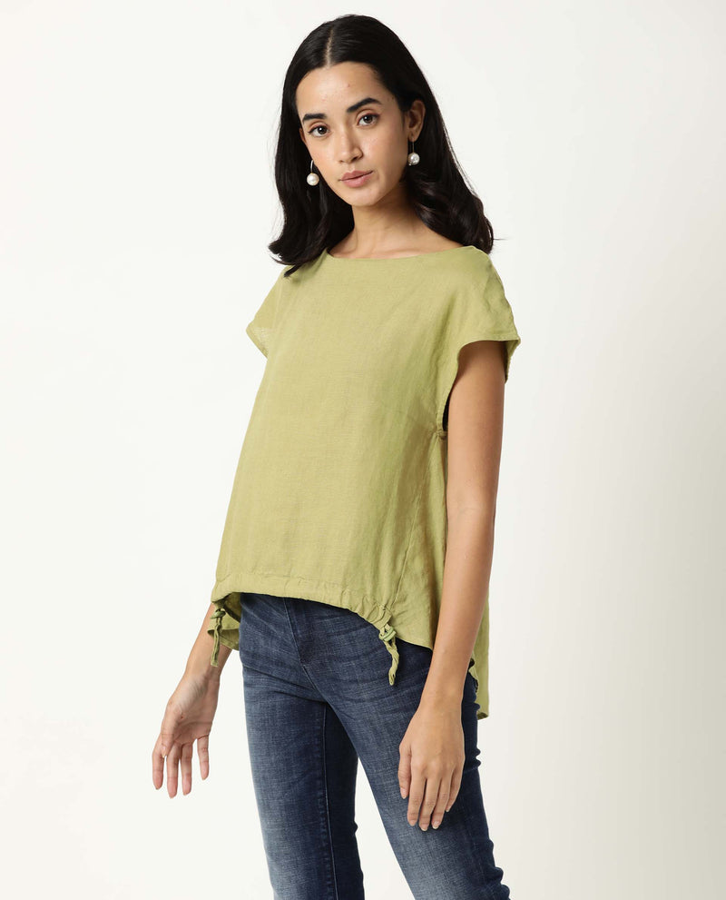 Rareism Women Vita Light Green Cotton Linen Fabric Regular Fit Boat Neck Half Sleeves Solid Top