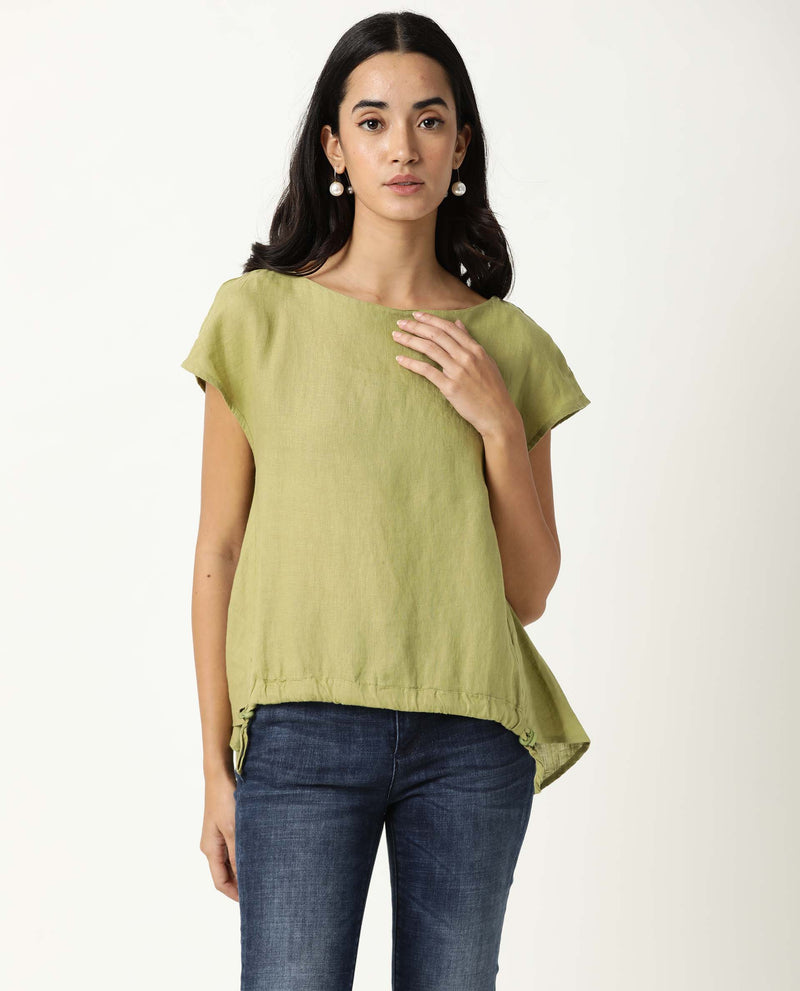 Rareism Women Vita Light Green Cotton Linen Fabric Regular Fit Boat Neck Half Sleeves Solid Top