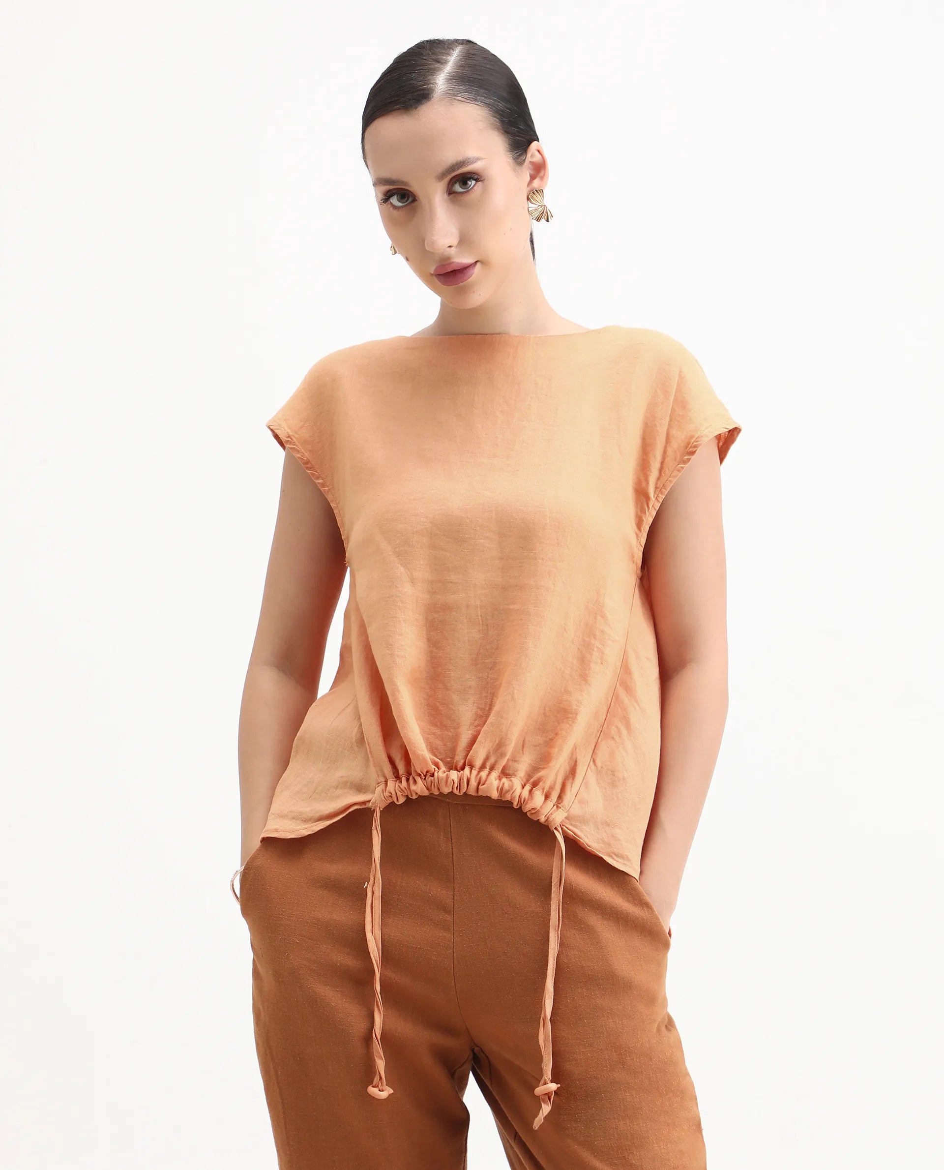 Rareism Women's Vita Orange Linen Boat Neck Plain Extended Sleeves Regular Fit Top