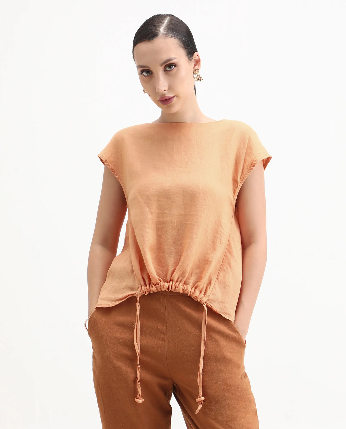 Rareism Women's Vita Orange Linen Boat Neck Plain Extended Sleeves Regular Fit Top