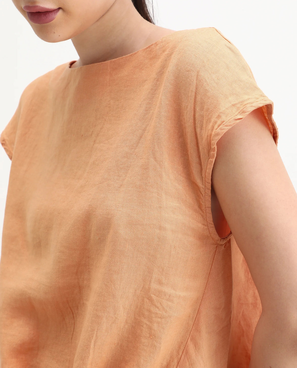 Rareism Women's Vita Orange Linen Boat Neck Plain Extended Sleeves Regular Fit Top
