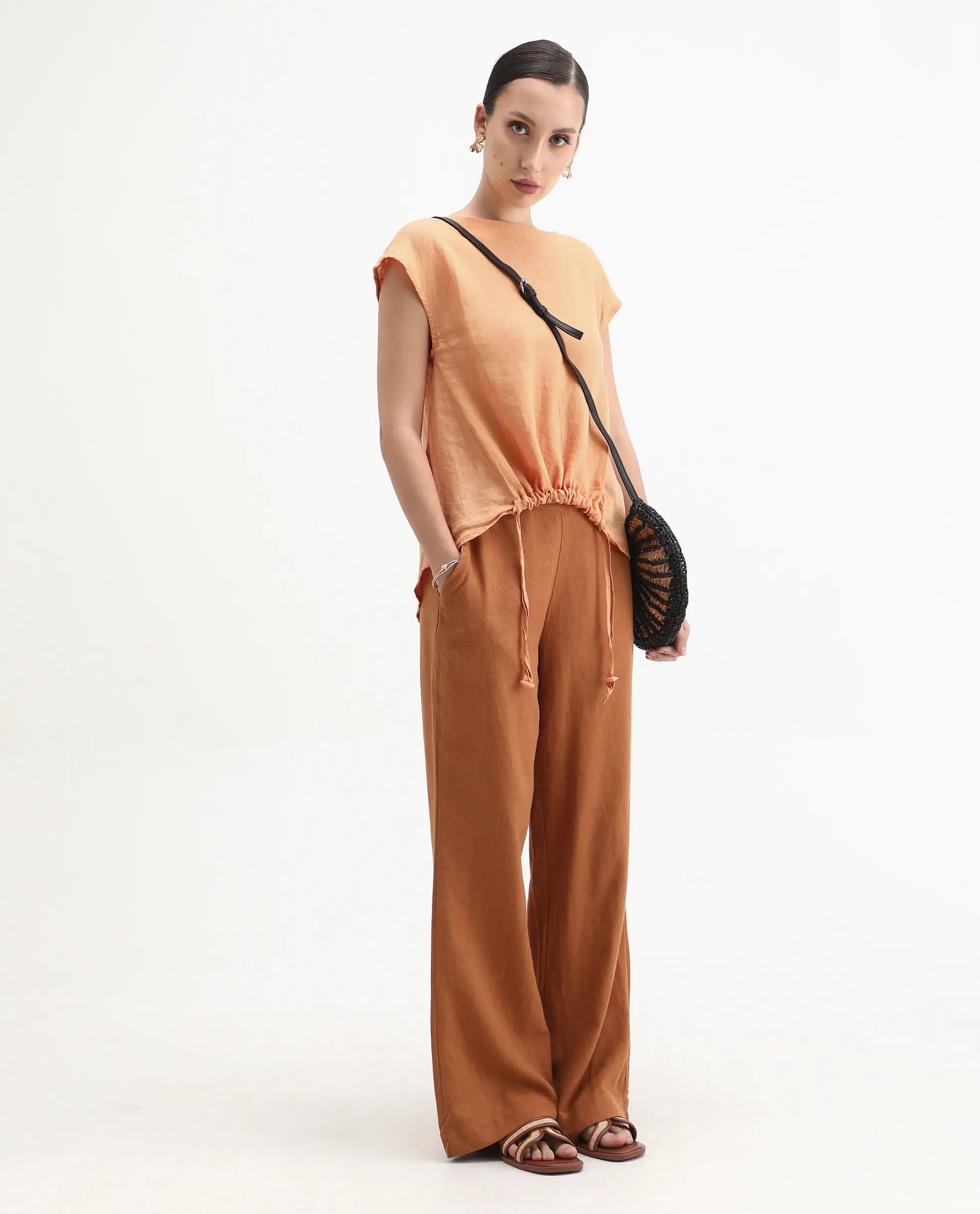 Rareism Women's Vita Orange Linen Boat Neck Plain Extended Sleeves Regular Fit Top