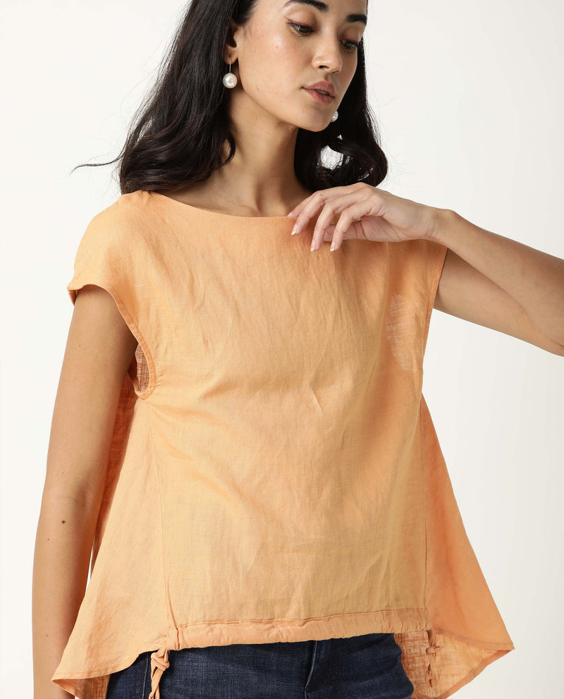 Rareism Women Vita Light Orange Cotton Linen Fabric Regular Fit Boat Neck Half Sleeves Solid Top