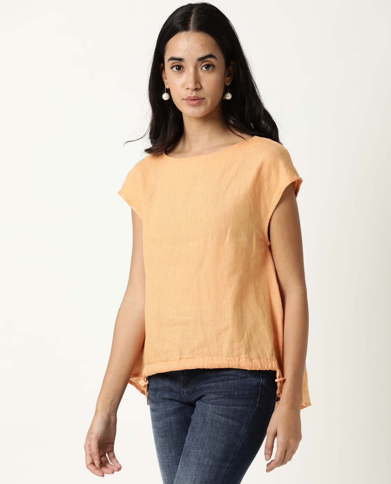 Rareism Women Vita Light Orange Cotton Linen Fabric Regular Fit Boat Neck Half Sleeves Solid Top