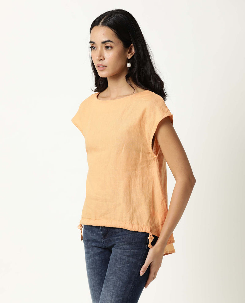 Rareism Women Vita Light Orange Cotton Linen Fabric Regular Fit Boat Neck Half Sleeves Solid Top