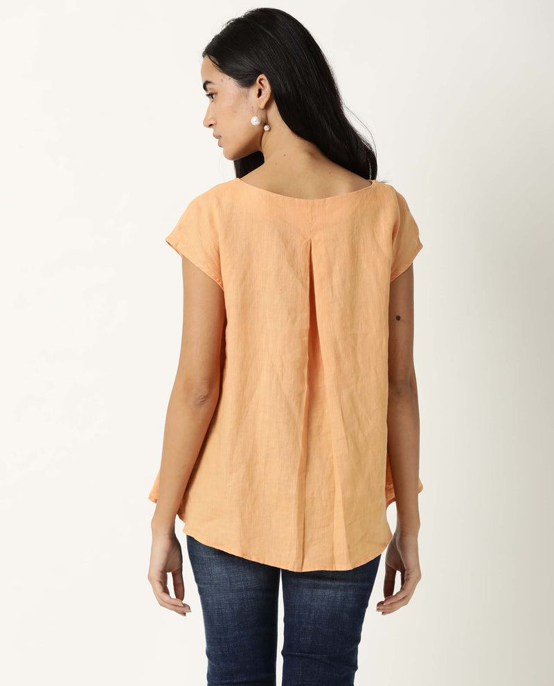 Rareism Women Vita Light Orange Cotton Linen Fabric Regular Fit Boat Neck Half Sleeves Solid Top