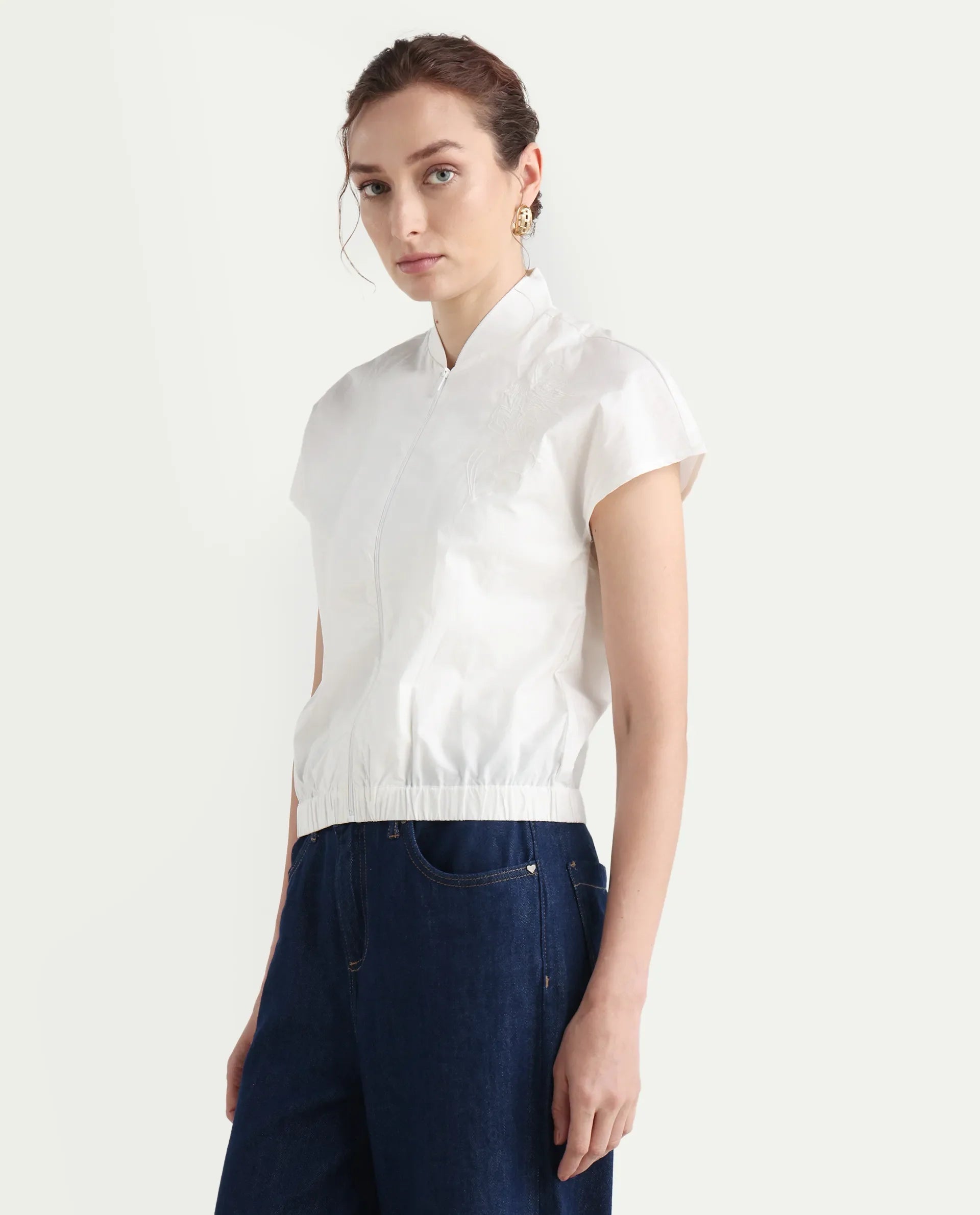 Rareism Women's Viteri White Cotton Ribbed Collar Abstract Print Extended Sleeves Regular Fit Top