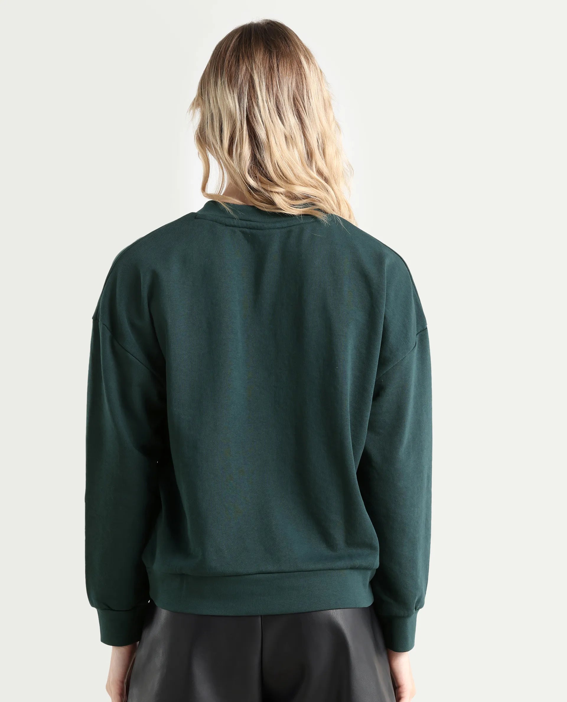 Rareism Women's Vitoo Dark Green Cotton Blend Crew Neck Plain Relaxed Fit Sweatshirt