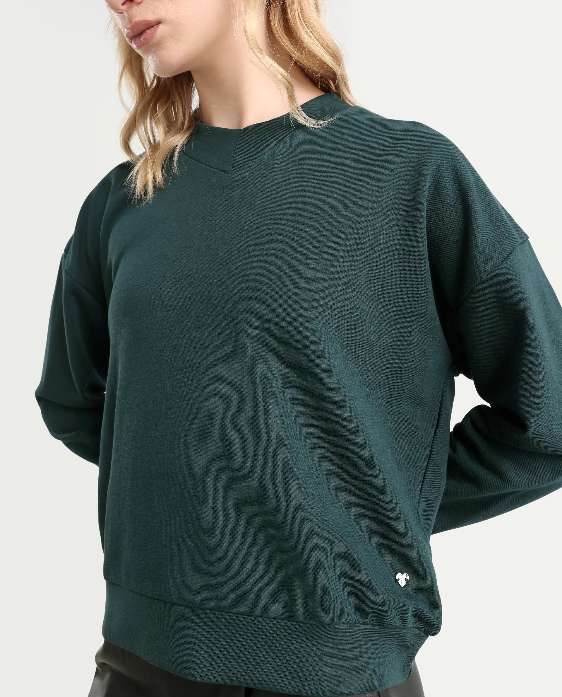 Rareism Women's Vitoo Dark Green Cotton Blend Crew Neck Plain Relaxed Fit Sweatshirt