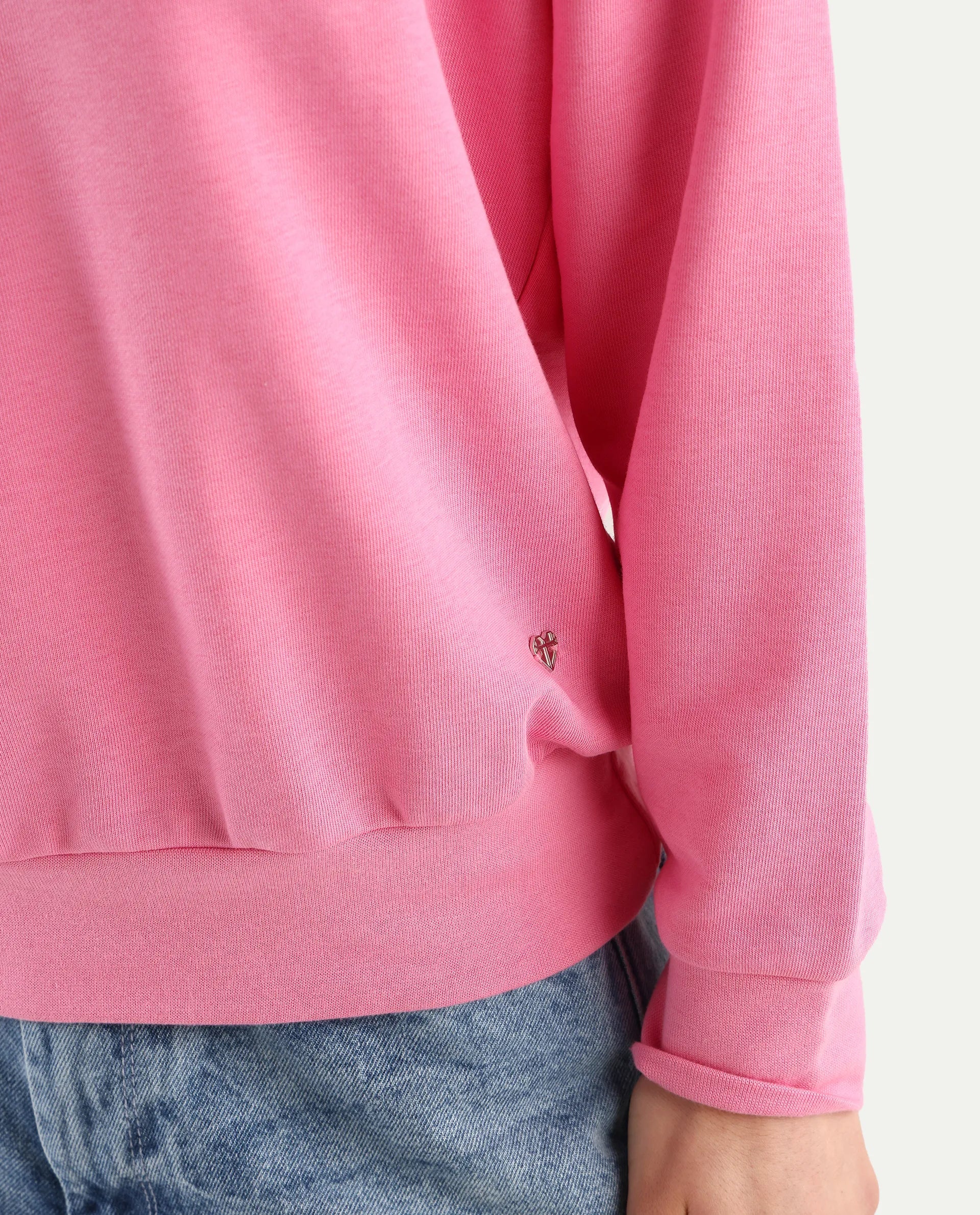 Rareism Women's Vitoo Pink Cotton Blend Crew Neck Plain Relaxed Fit Sweatshirt