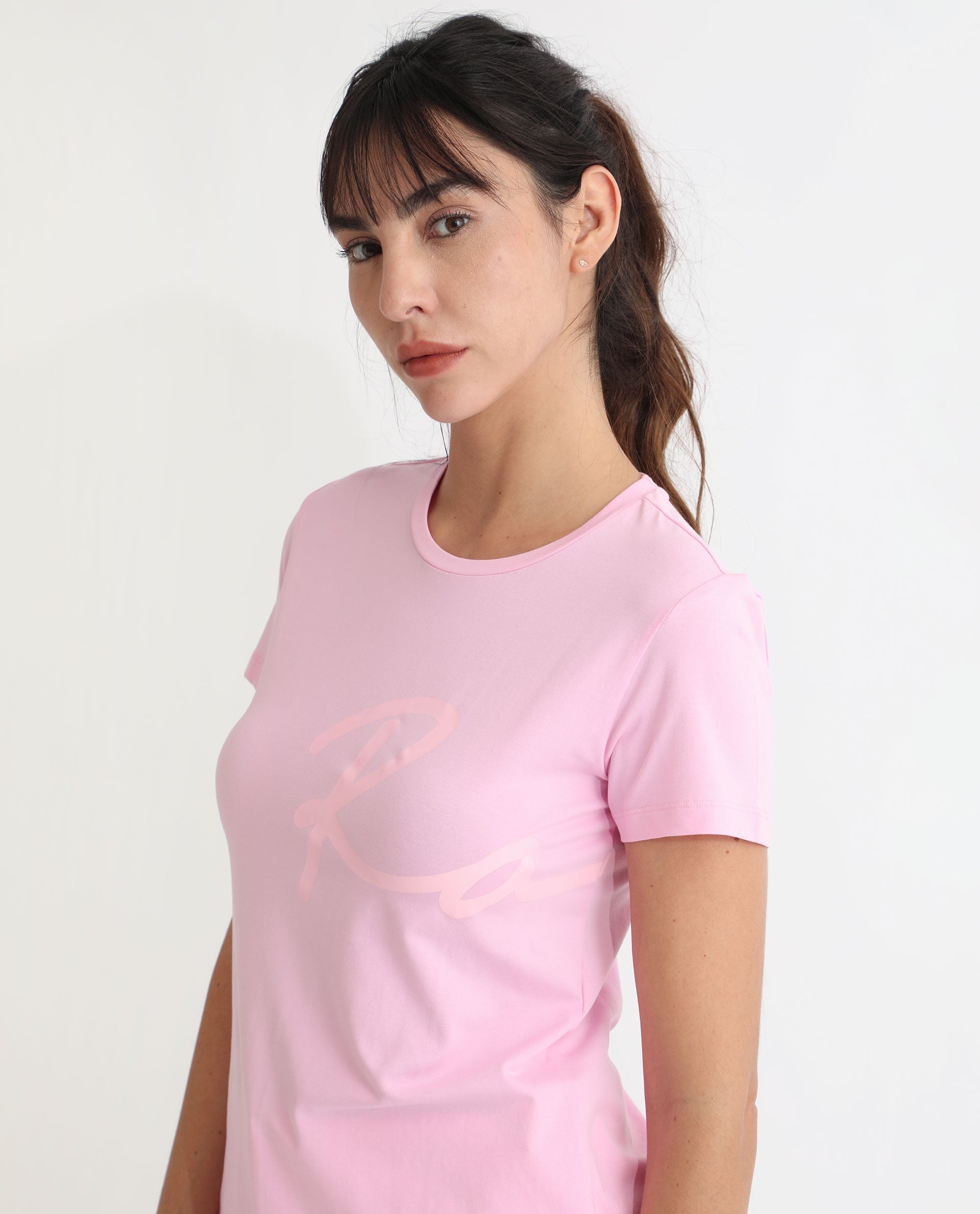 Rareism Women's Vivian Pink Cotton Crew Neck Graphic Print Regular Fit T-Shirt