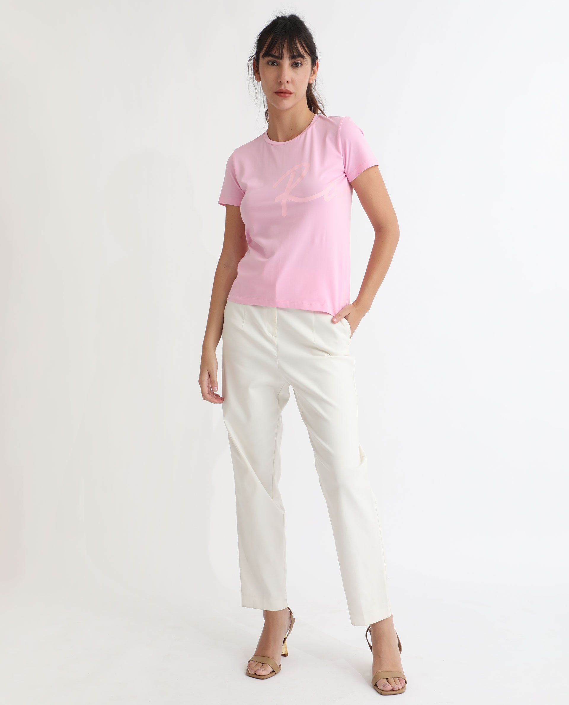 Rareism Women's Vivian Pink Cotton Crew Neck Graphic Print Regular Fit T-Shirt