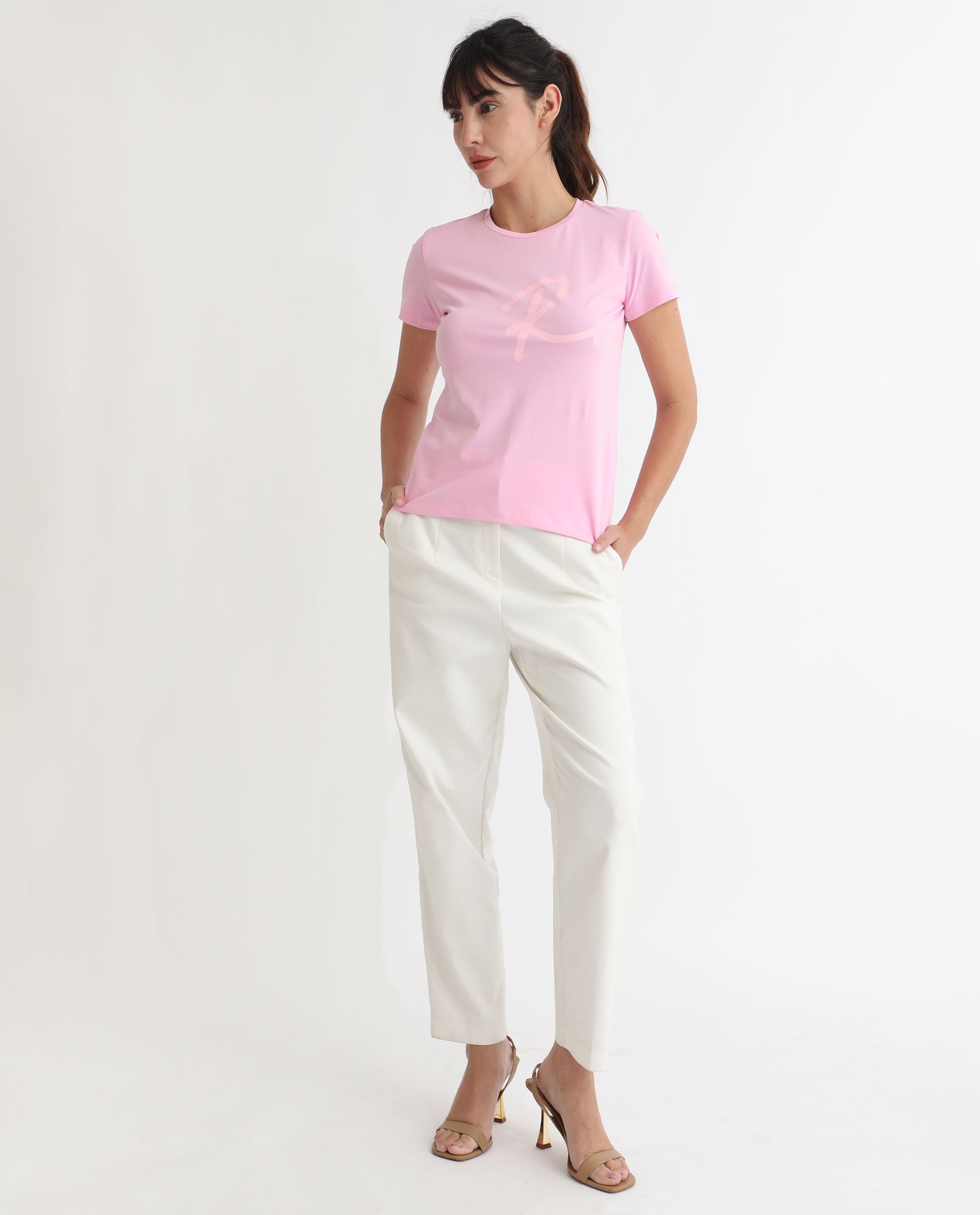 Rareism Women's Vivian Pink Cotton Crew Neck Graphic Print Regular Fit T-Shirt