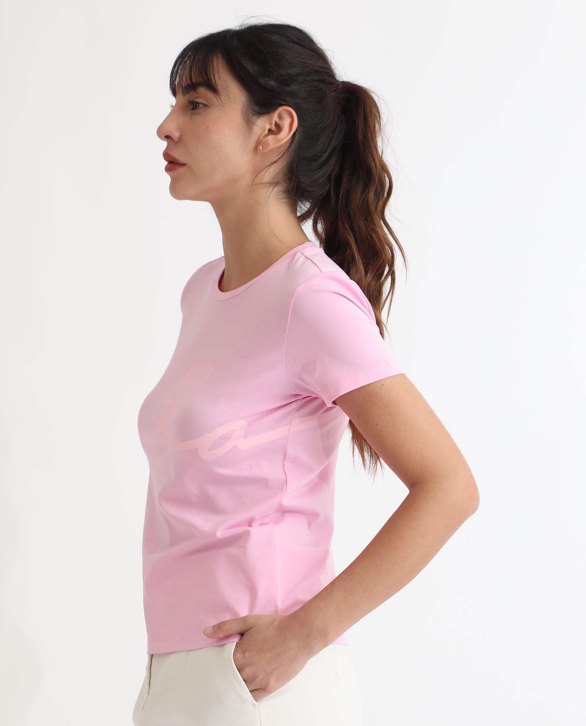 Rareism Women's Vivian Pink Cotton Crew Neck Graphic Print Regular Fit T-Shirt