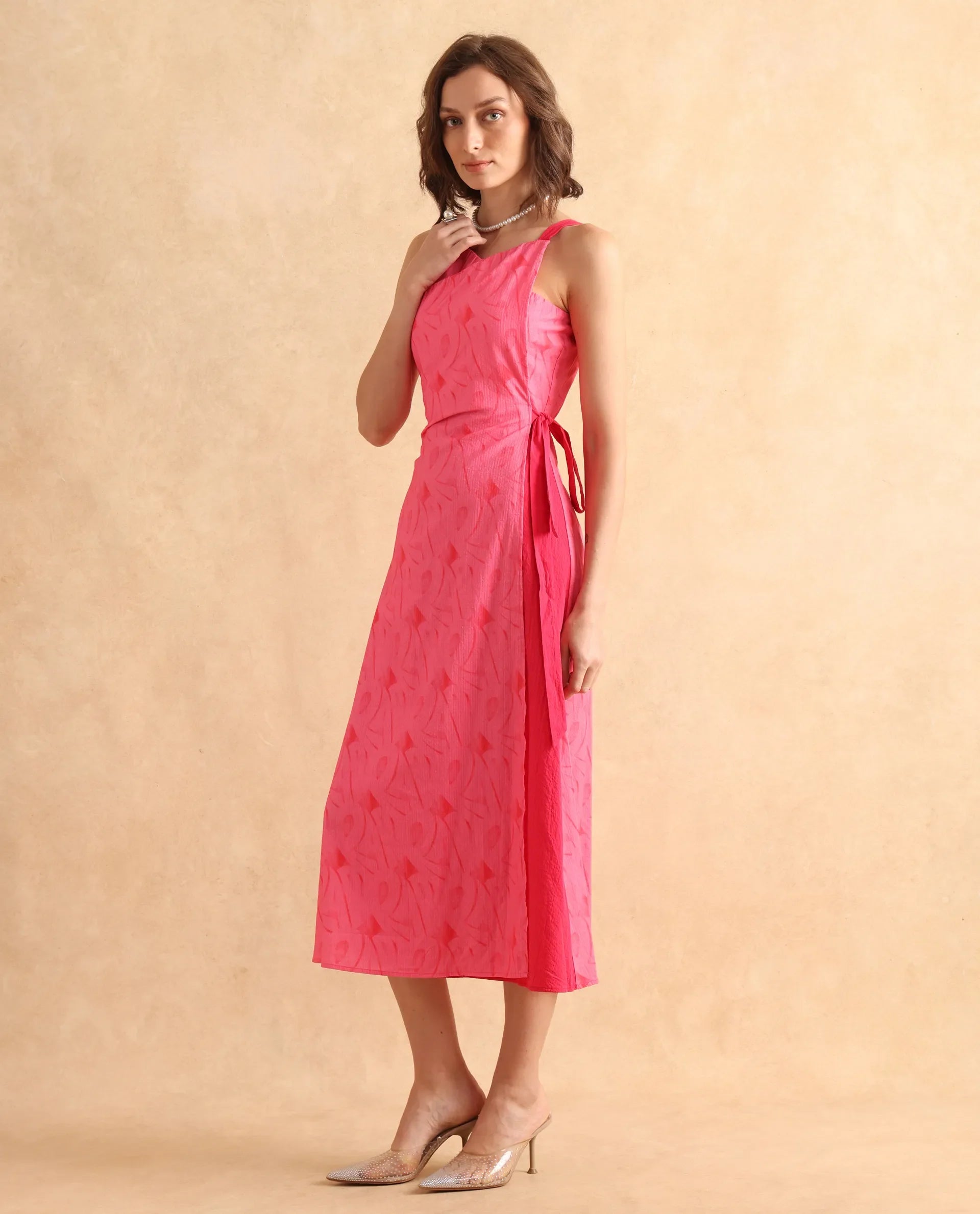 Rareism Women's Viyug Pink  Halter Neck Tie-Up Closure Sleeveless Monogram Print Wrap Midi Dress