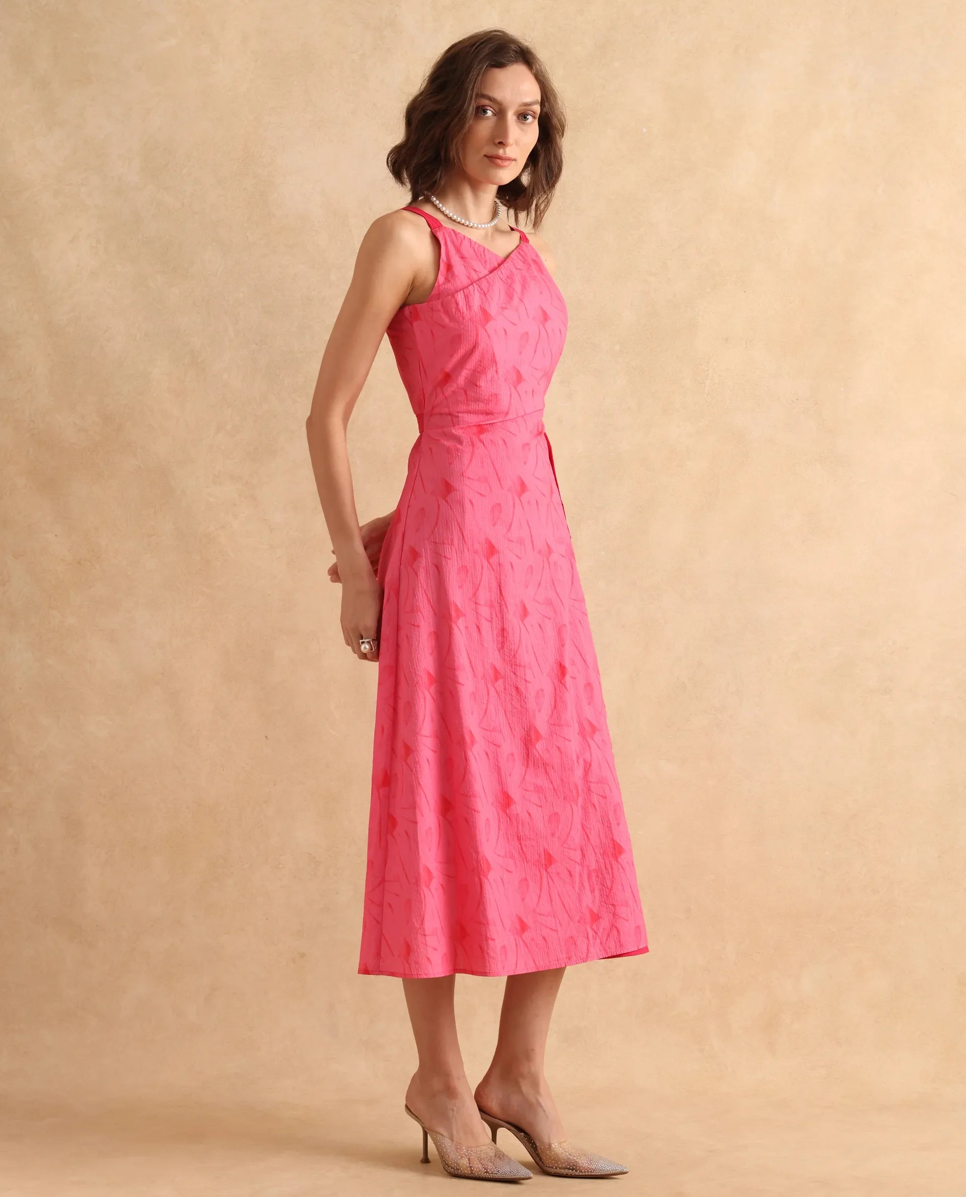 Rareism Women's Viyug Pink  Halter Neck Tie-Up Closure Sleeveless Monogram Print Wrap Midi Dress