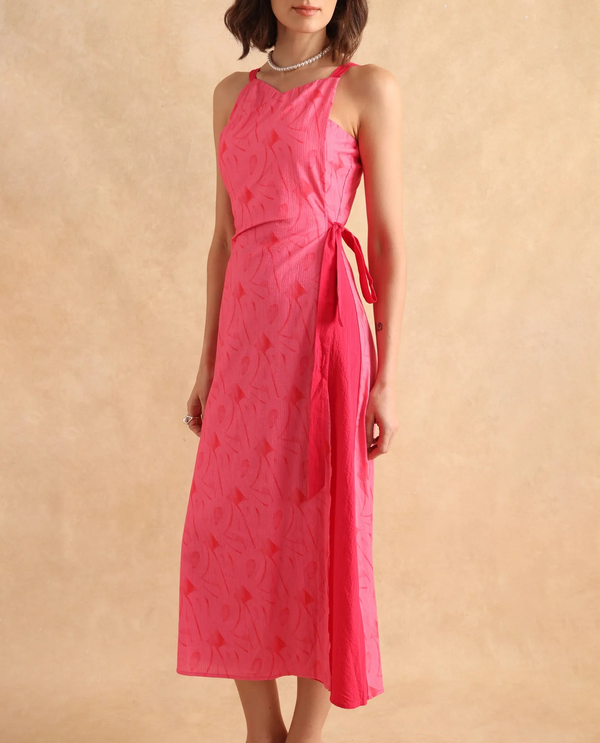 Rareism Women's Viyug Pink  Halter Neck Tie-Up Closure Sleeveless Monogram Print Wrap Midi Dress