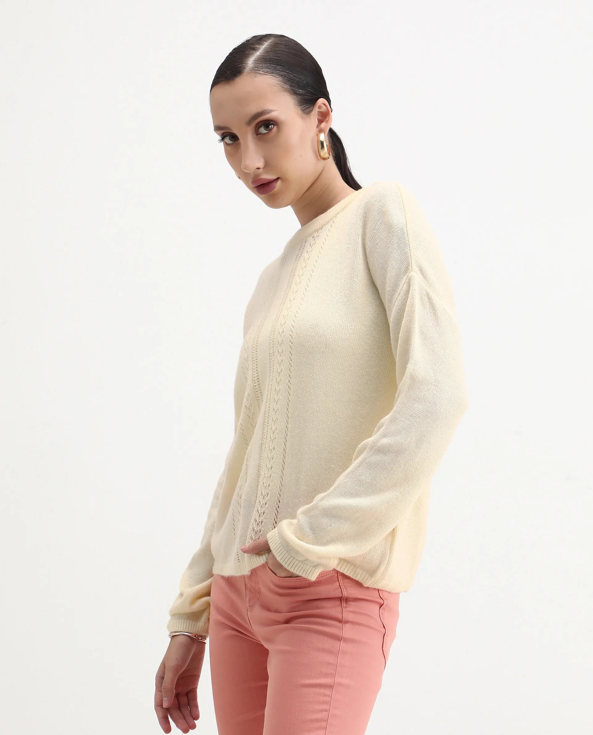 Rareism Women's Viza Off White Acrylic Blend Fabric Crew Neck Relaxed Fit Plain Sweater