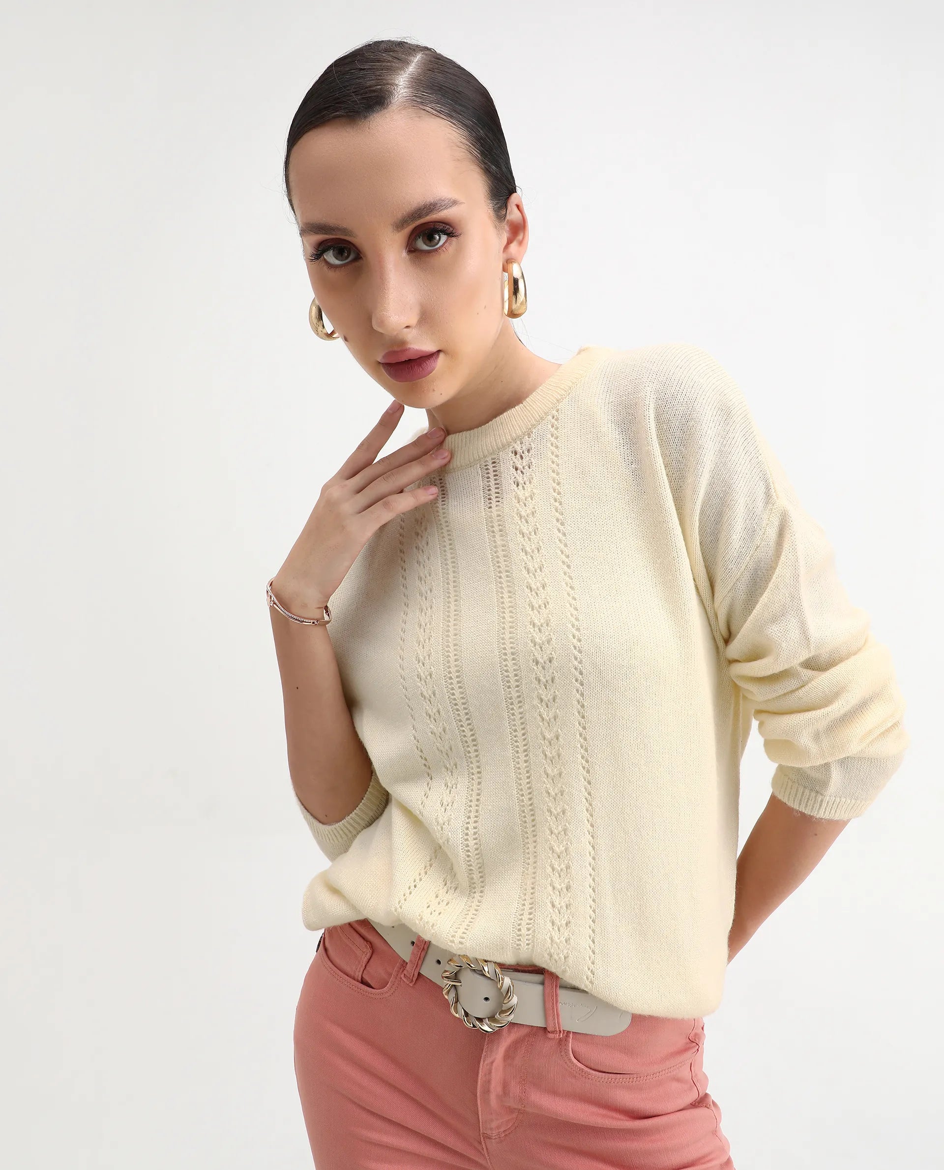 Rareism Women's Viza Off White Acrylic Blend Fabric Crew Neck Relaxed Fit Plain Sweater