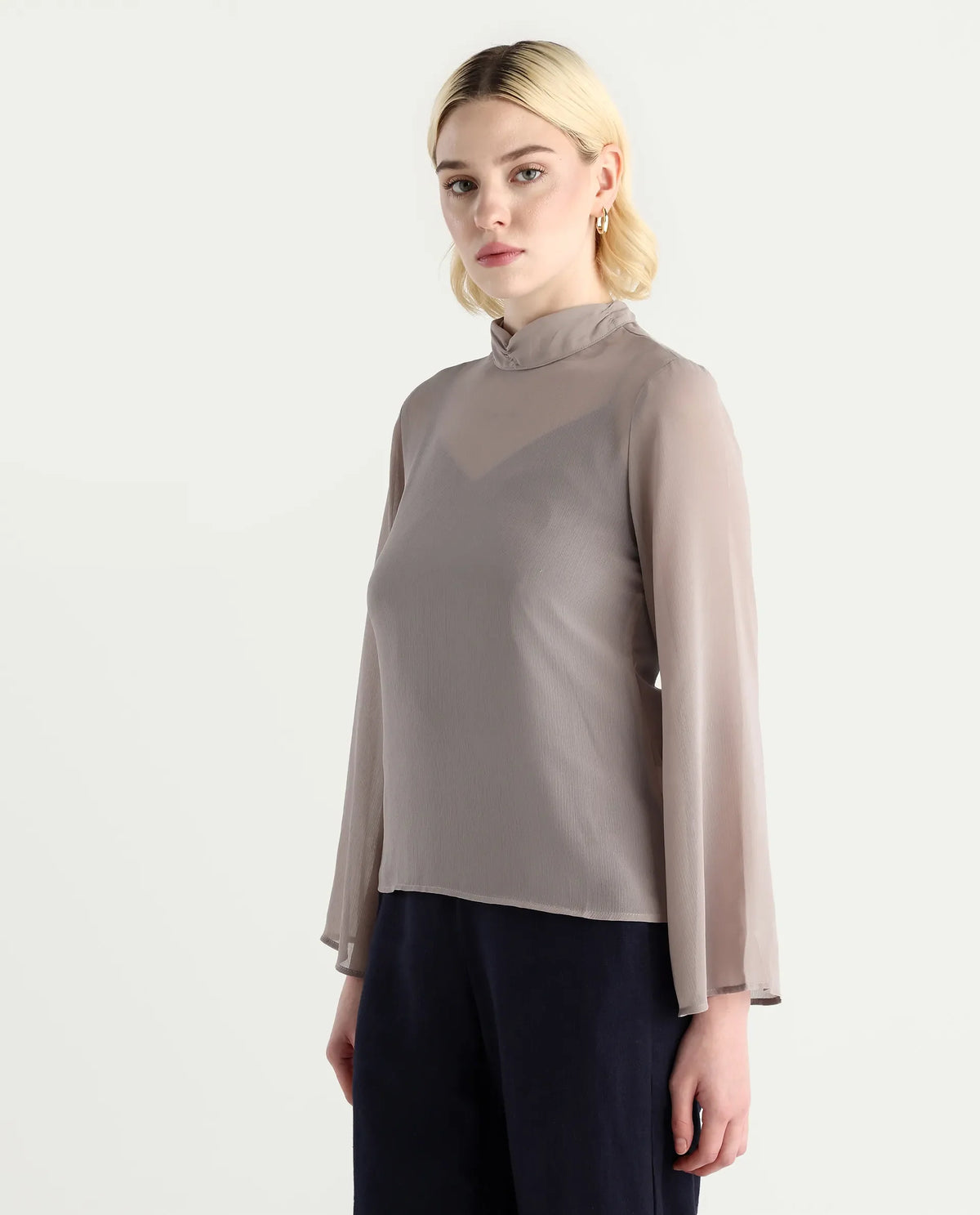 Rareism Women's Vokas Grey Polyester High Neck Plain Bell Sleeve Relaxed Fit Top