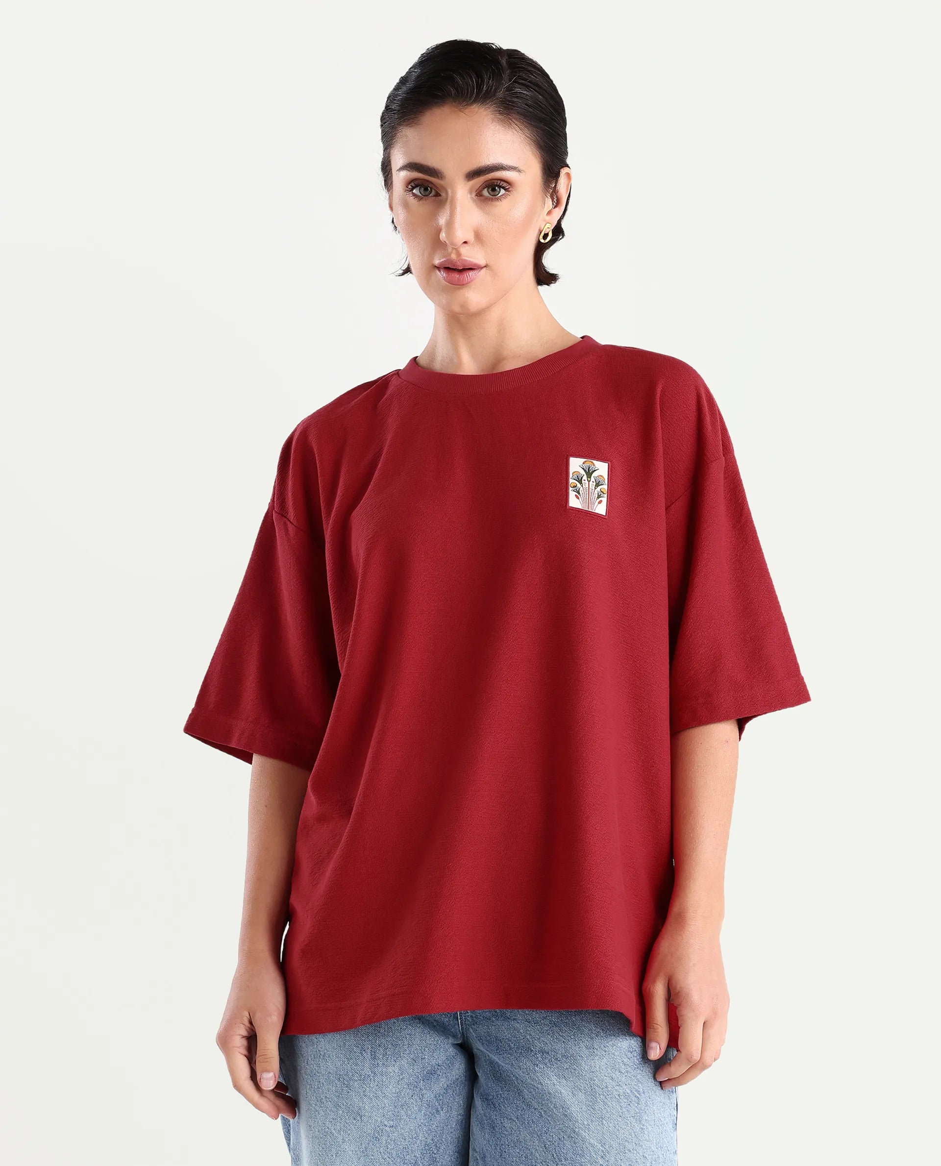 Rareism Women's Volo Red Cotton Graphic Print Oversized T-Shirt