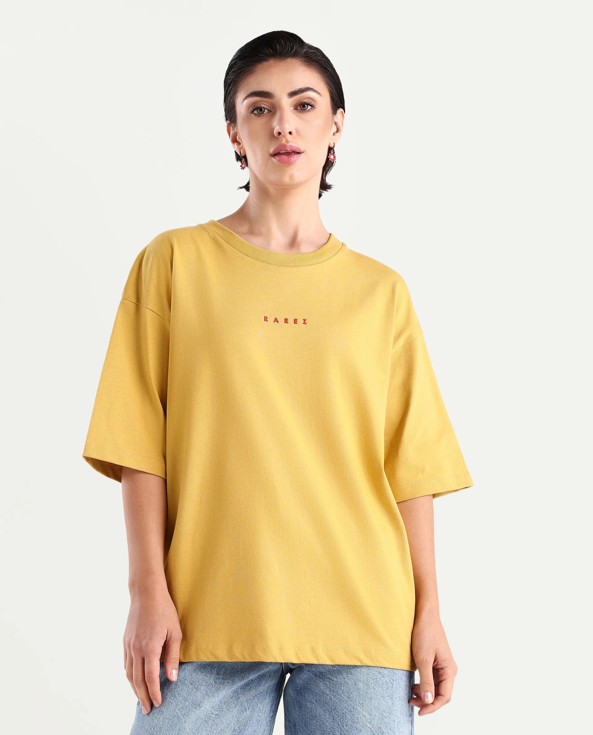 Rareism Women's Voltz Yellow Cotton Graphic Print Oversized T-Shirt