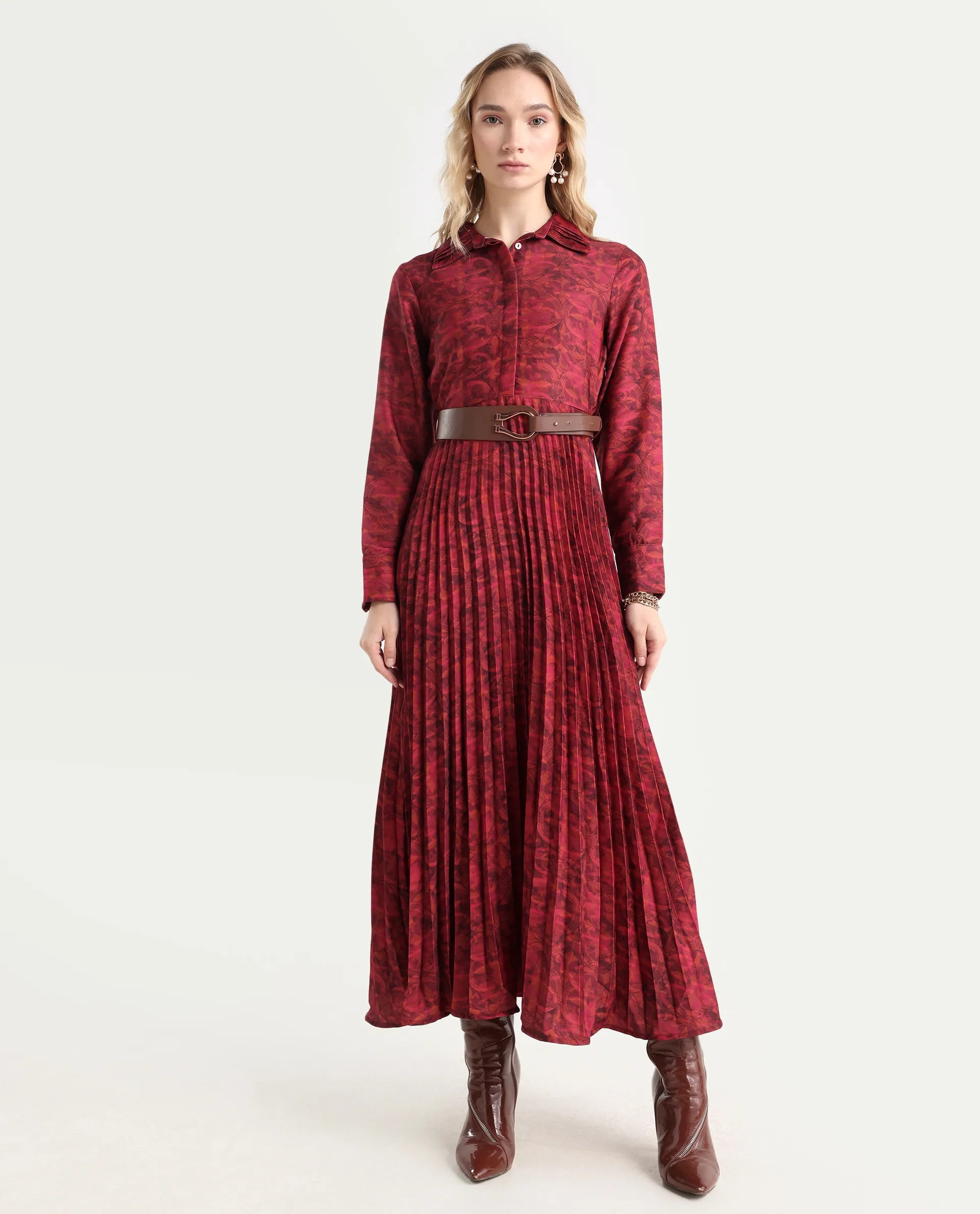 Rareism Women's Verde Multi Polyester Blend Drop Collar Floral Print Cuffed Sleeve Maxi Flared Dress