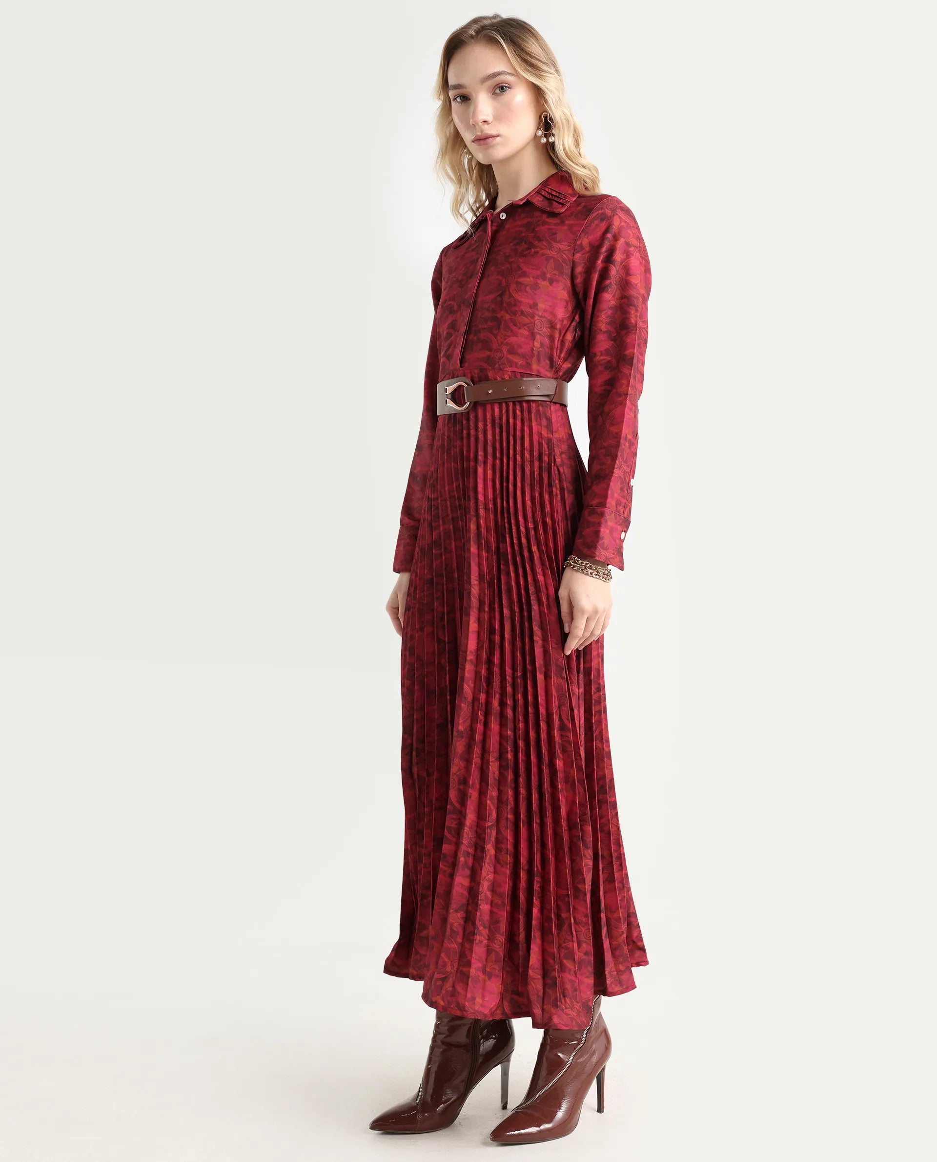 Rareism Women's Verde Multi Polyester Blend Drop Collar Floral Print Cuffed Sleeve Maxi Flared Dress