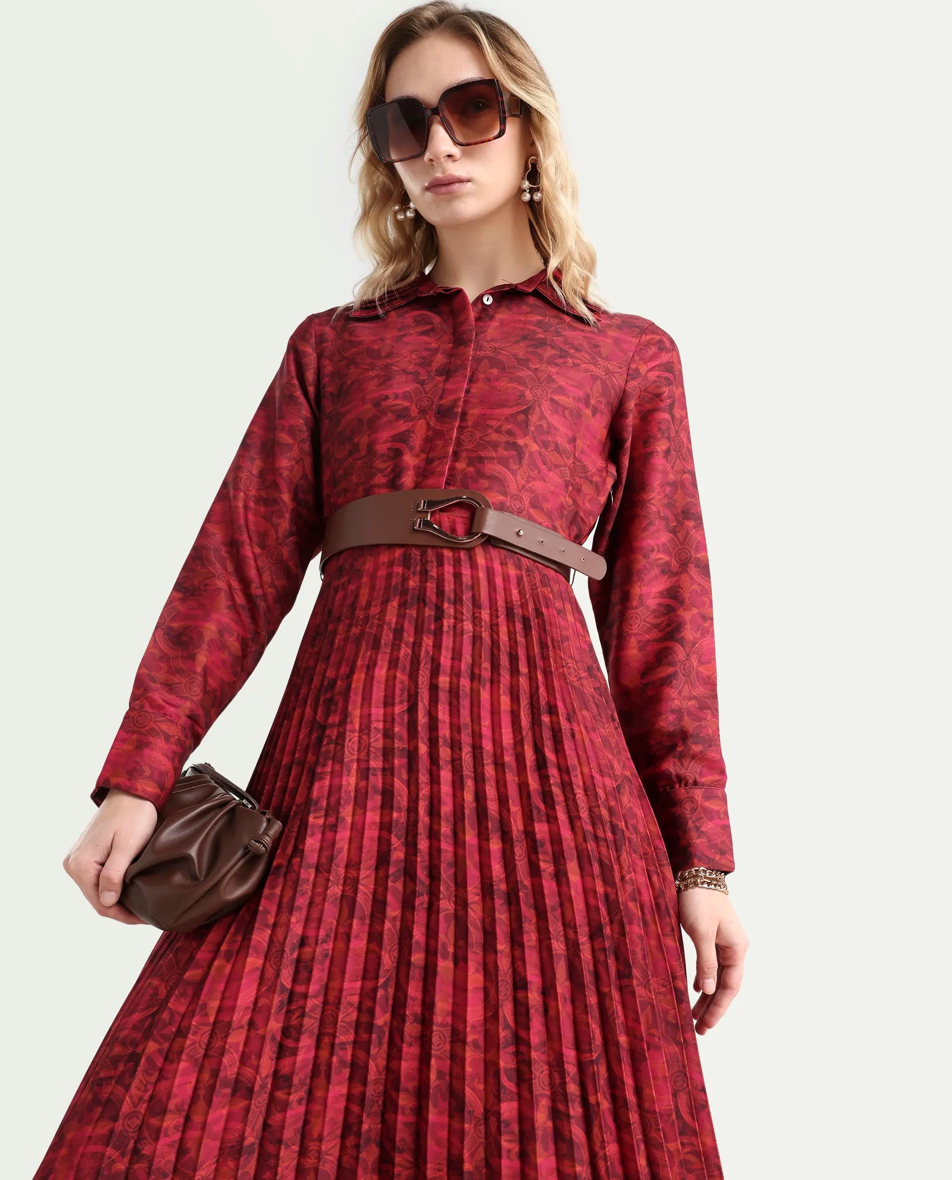 Rareism Women's Verde Multi Polyester Blend Drop Collar Floral Print Cuffed Sleeve Maxi Flared Dress