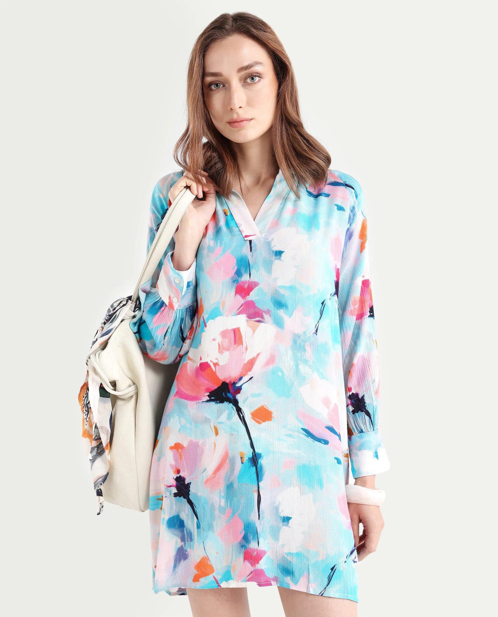 Rareism Women's Wadd Flouroscent Multi Viscose Drop Collar Floral Print Mini Regular Fit Dress