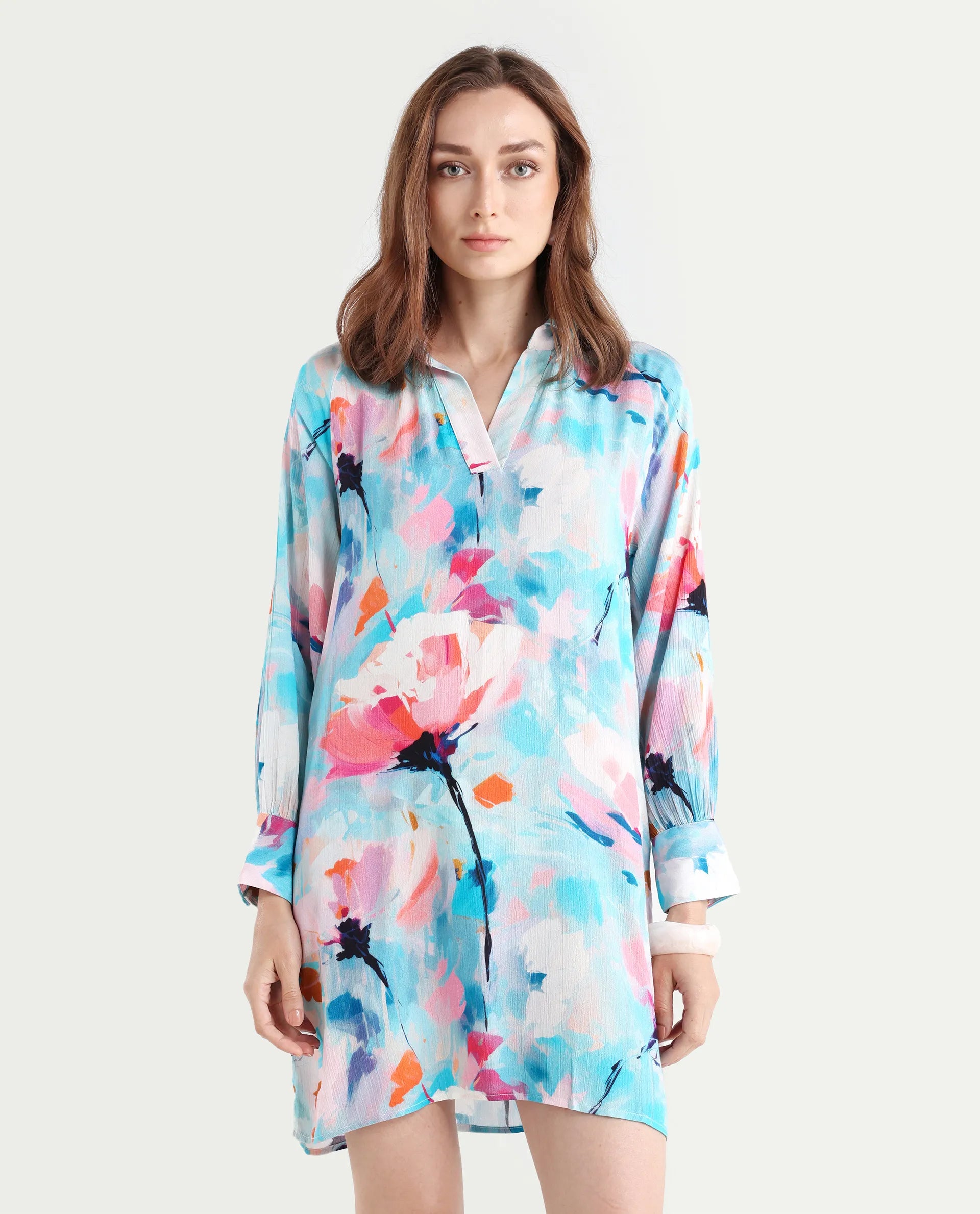 Rareism Women's Wadd Flouroscent Multi Viscose Drop Collar Floral Print Mini Regular Fit Dress