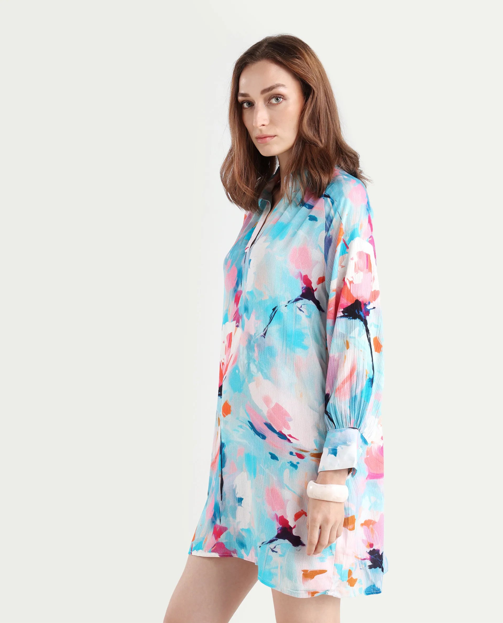Rareism Women's Wadd Flouroscent Multi Viscose Drop Collar Floral Print Mini Regular Fit Dress