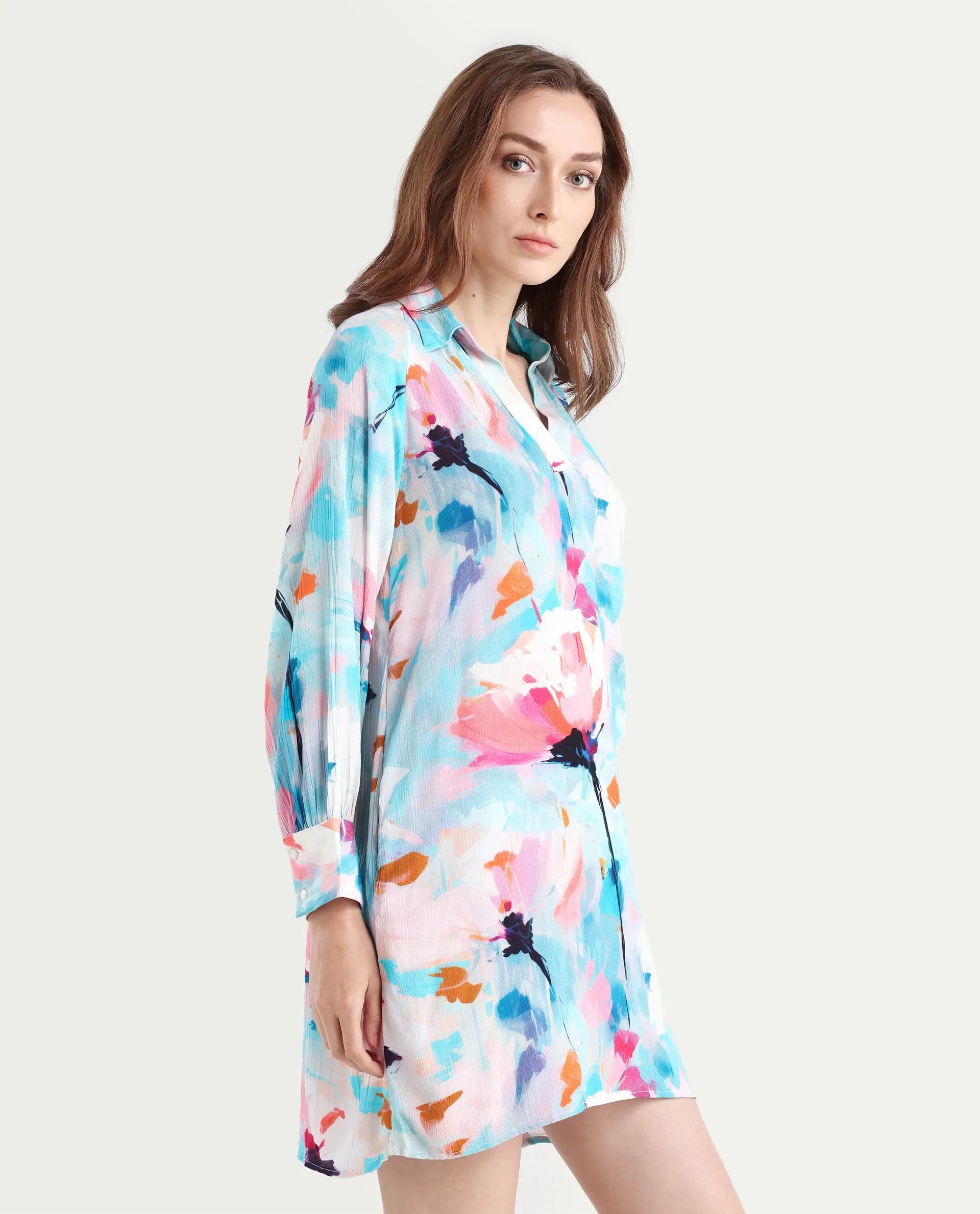 Rareism Women's Wadd Flouroscent Multi Viscose Drop Collar Floral Print Mini Regular Fit Dress