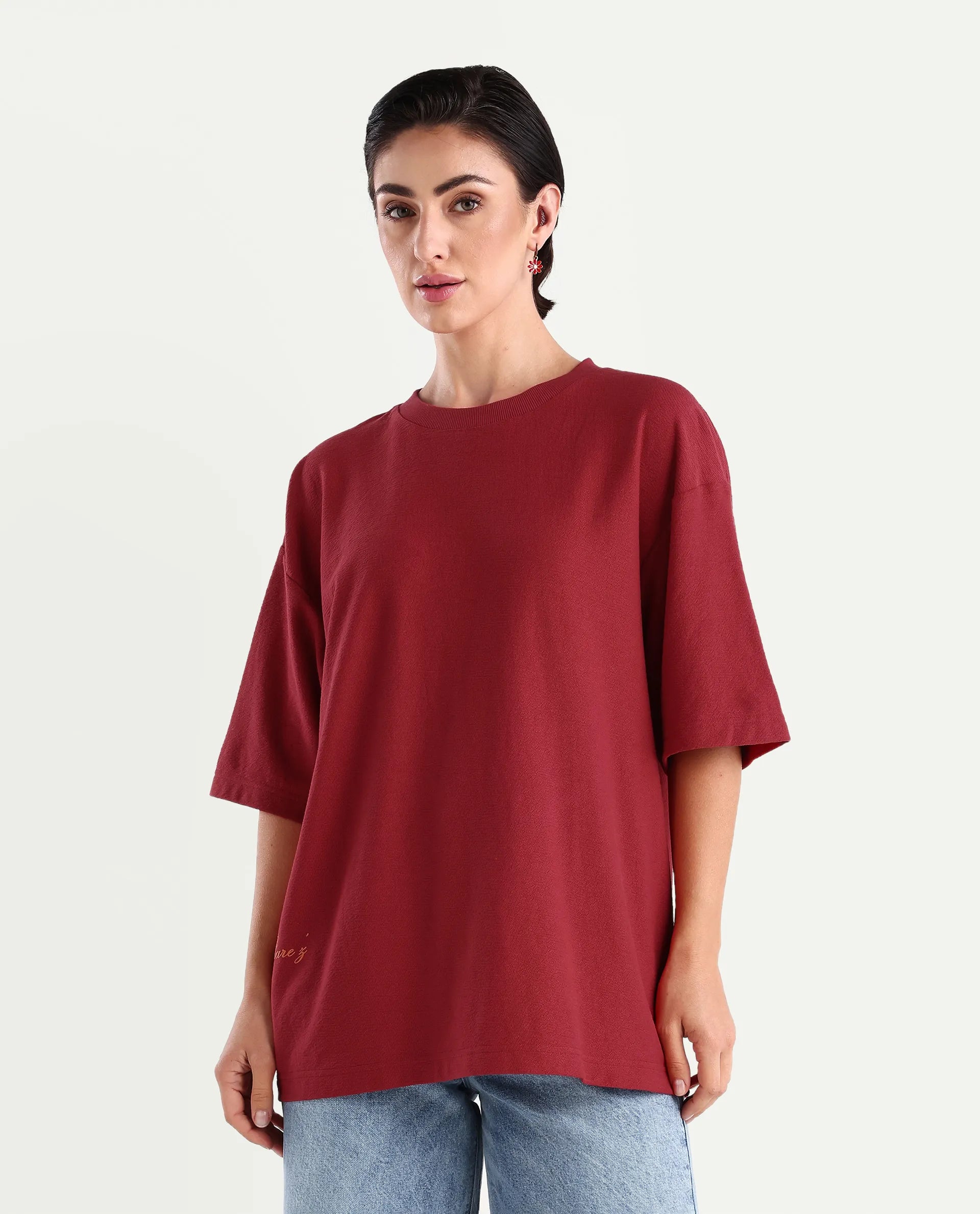 Rareism Women's Wahre Red Cotton Graphic Print Oversized T-Shirt