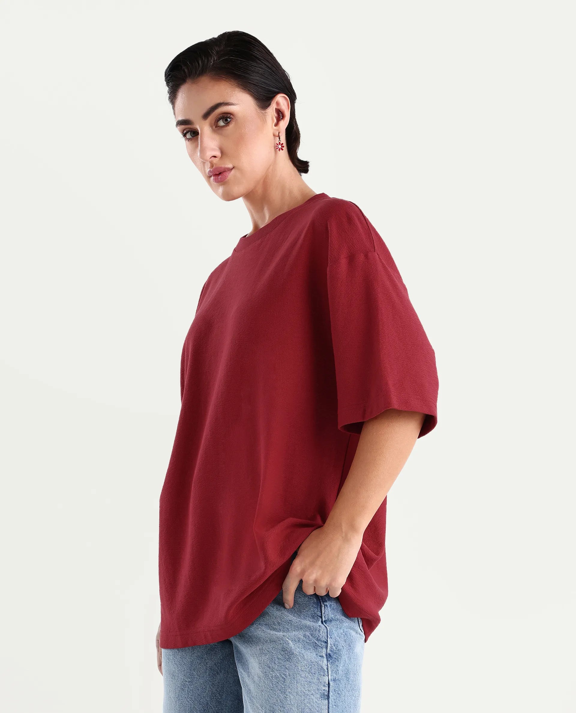 Rareism Women's Wahre Red Cotton Graphic Print Oversized T-Shirt