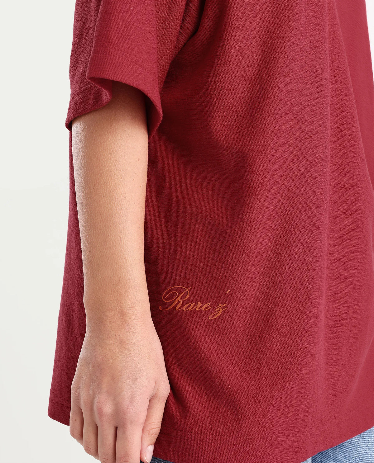 Rareism Women's Wahre Red Cotton Graphic Print Oversized T-Shirt