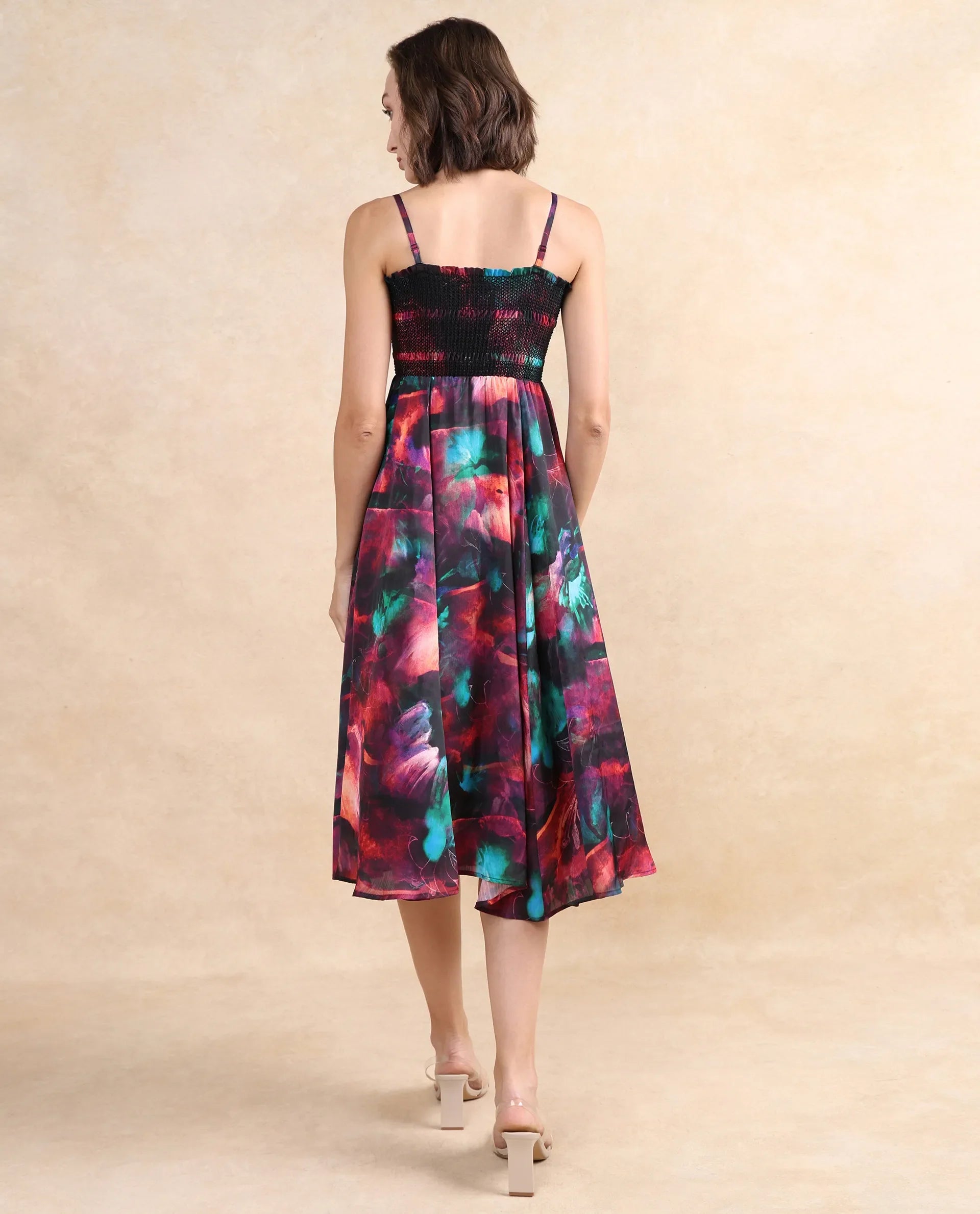 Rareism Women Walbania Dark Multi Sleeveless Tube Neck Fit And Flare Midi Floral Print Dress