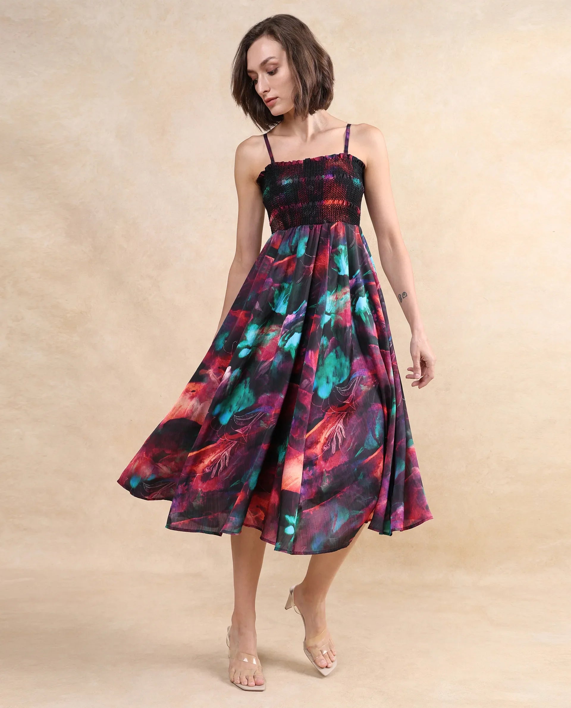 Rareism Women Walbania Dark Multi Sleeveless Tube Neck Fit And Flare Midi Floral Print Dress