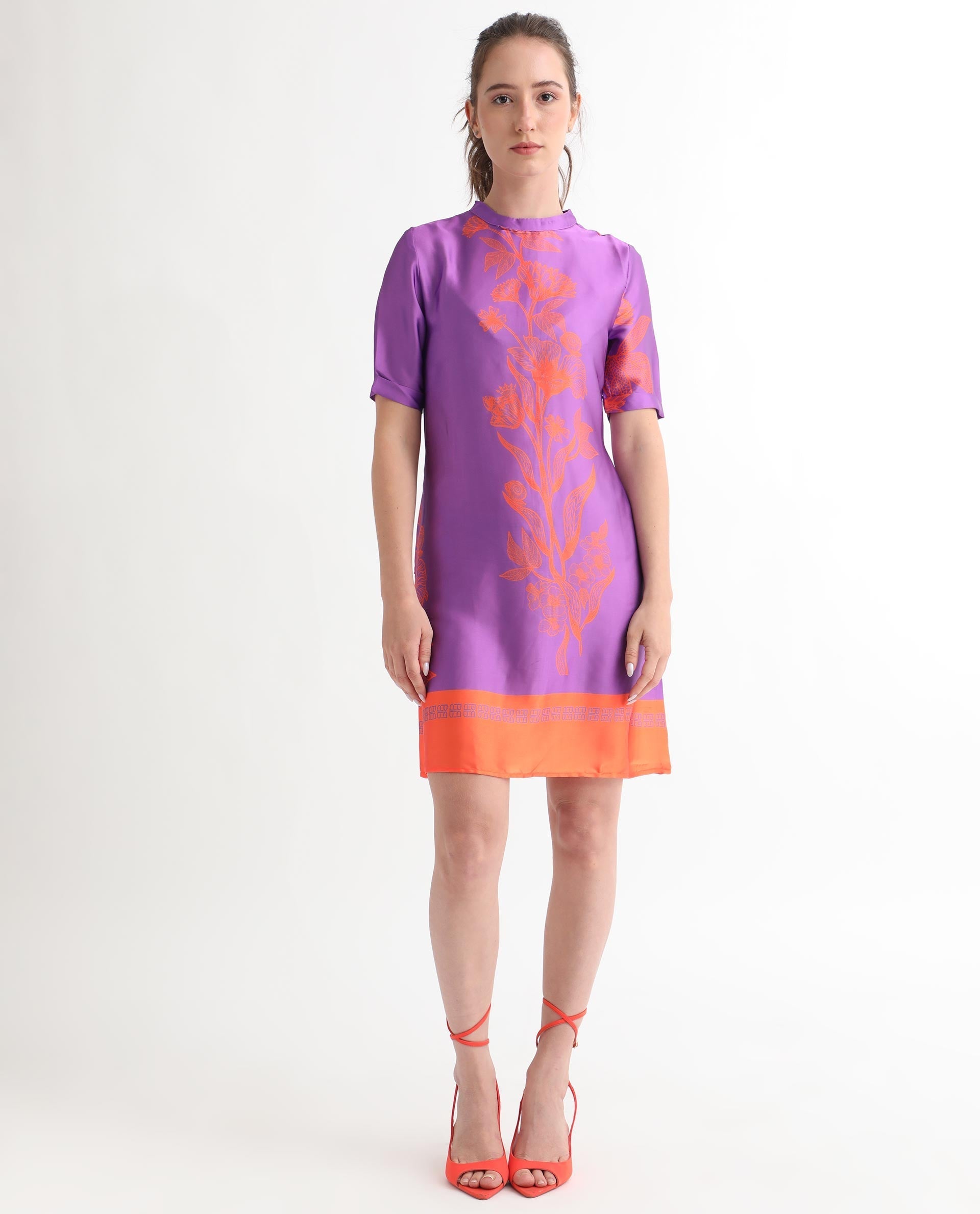 Rareism Women Walker Purple Polyester Fabric Short Sleeves Zip Closure High Neck Regular Fit Floral Print Short Boxy Dress
