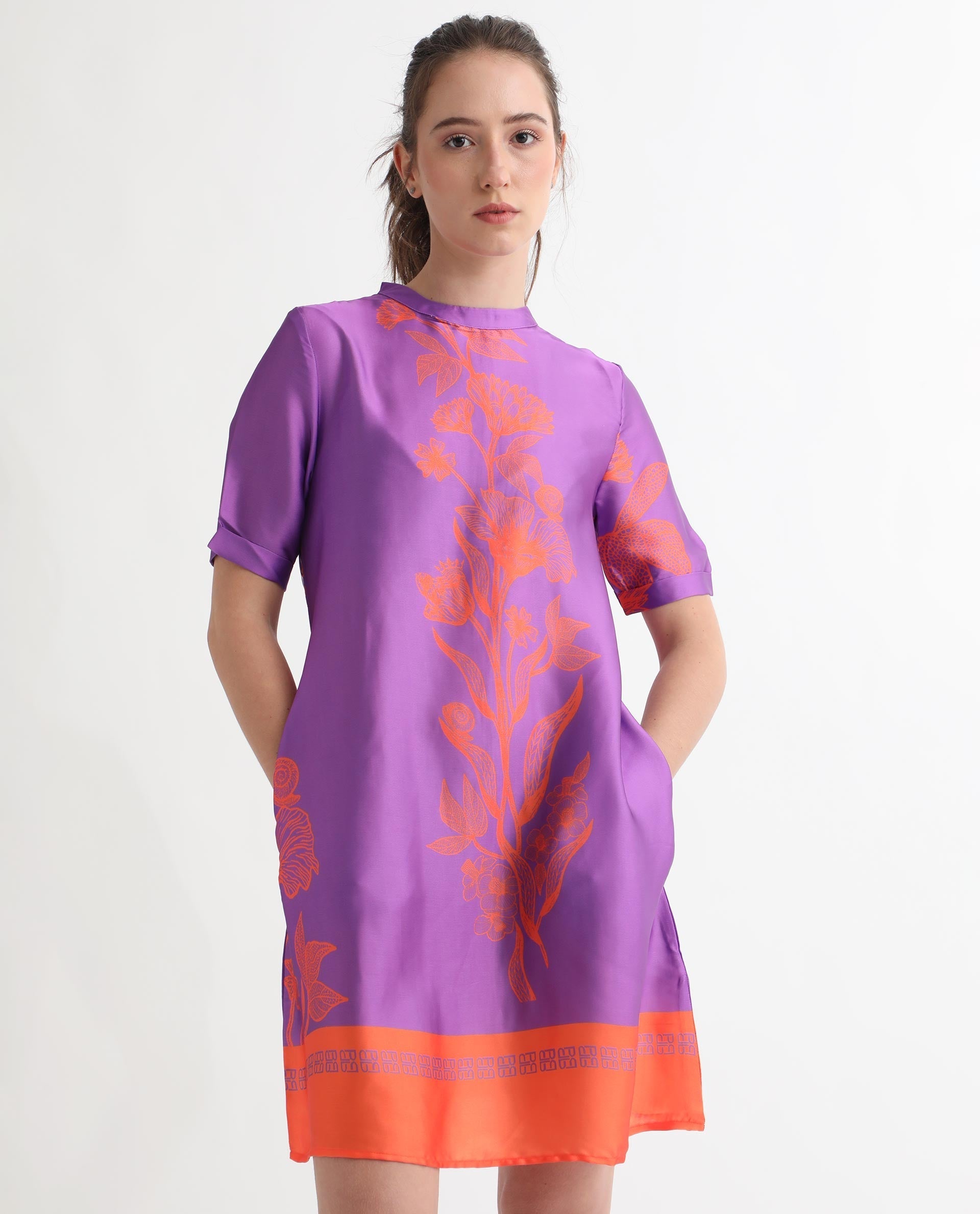 Rareism Women Walker Purple Polyester Fabric Short Sleeves Zip Closure High Neck Regular Fit Floral Print Short Boxy Dress