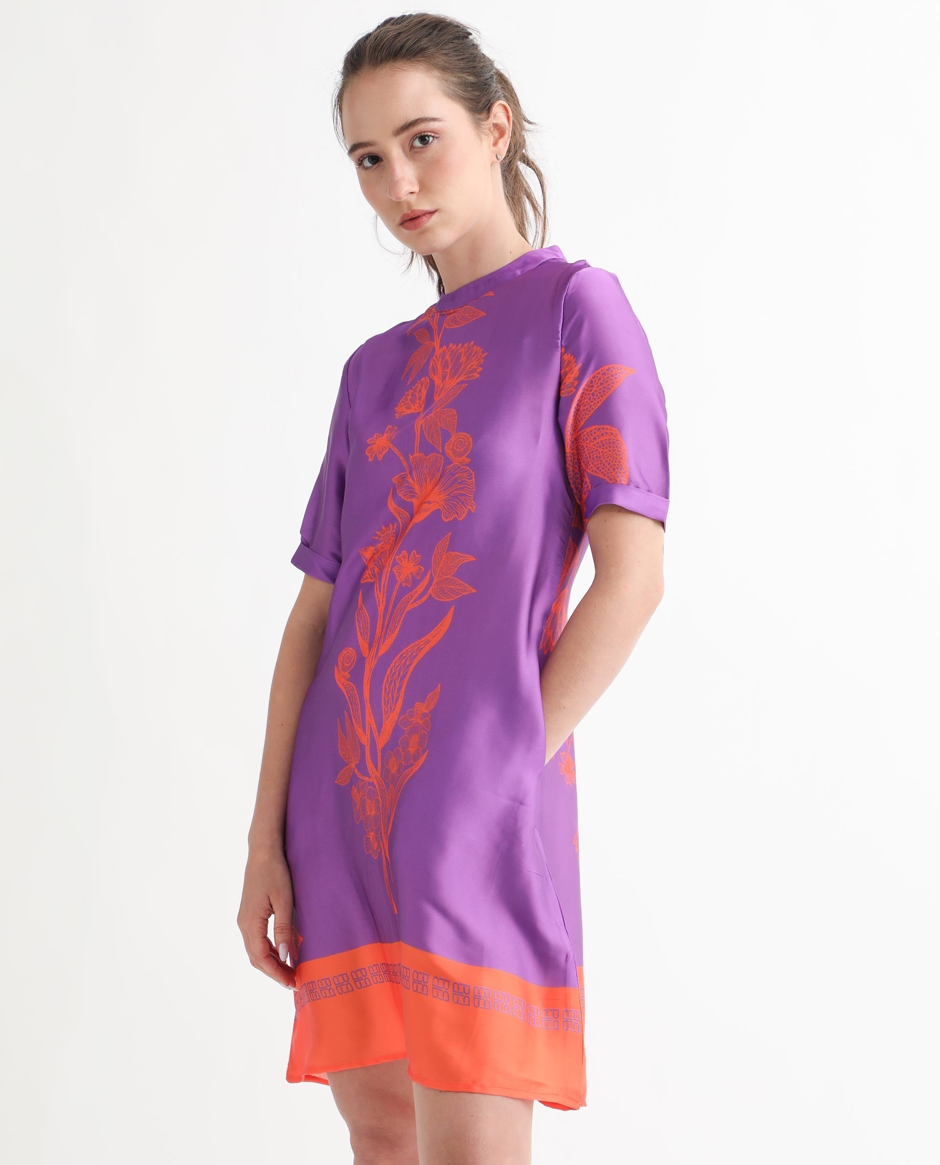 Rareism Women Walker Purple Polyester Fabric Short Sleeves Zip Closure High Neck Regular Fit Floral Print Short Boxy Dress